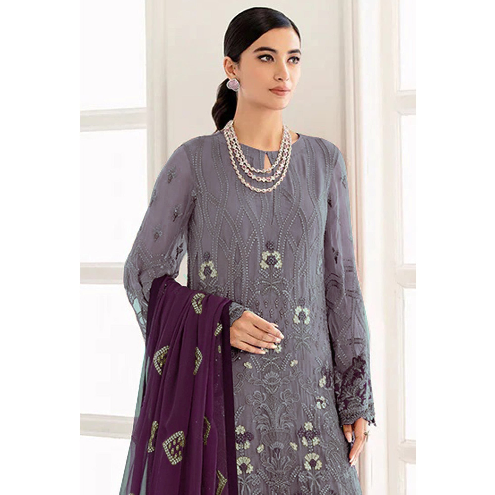 Purple Embroidered Georgette Semi Stitched Pakistani Suit