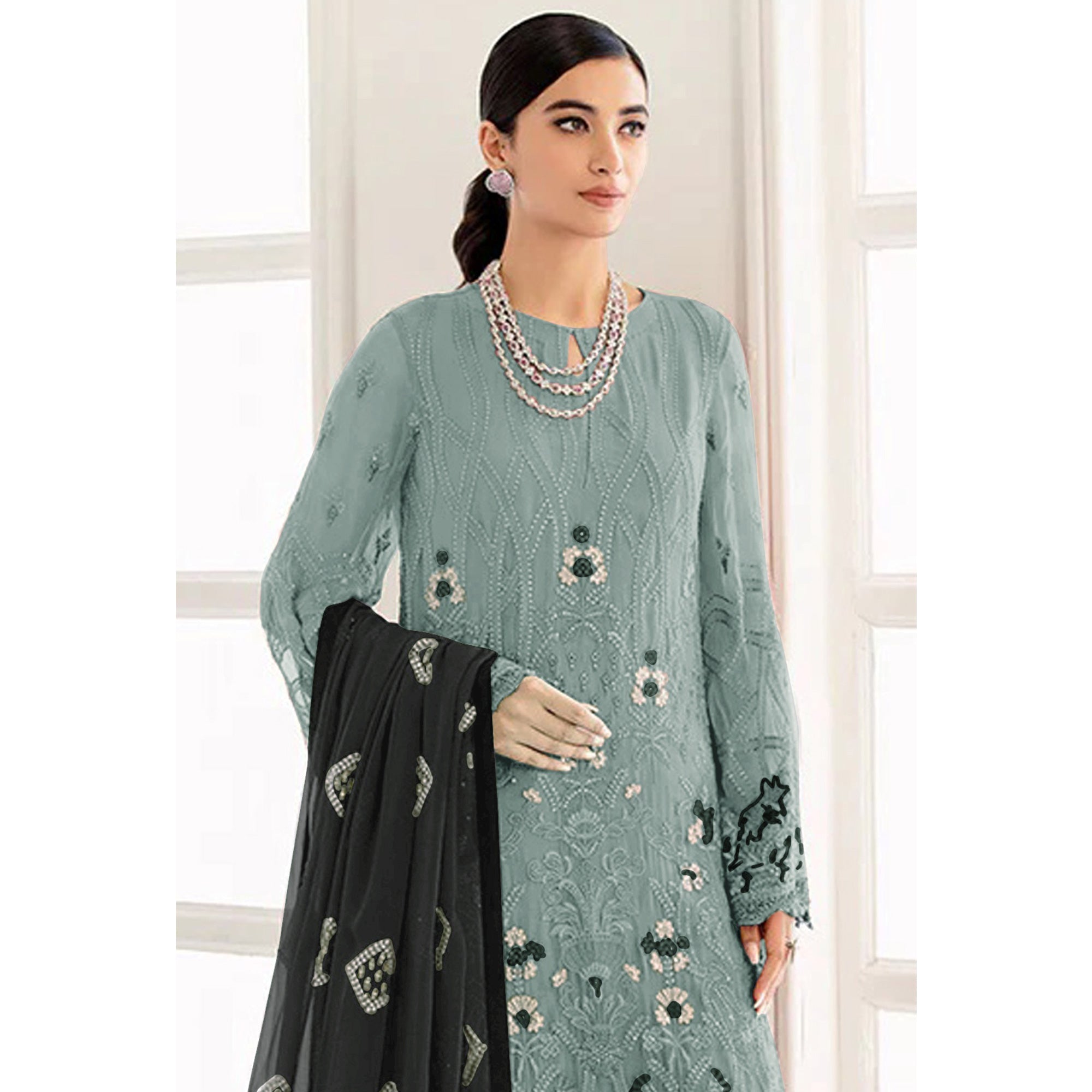 Grey Embroidered Georgette Semi Stitched Pakistani Suit