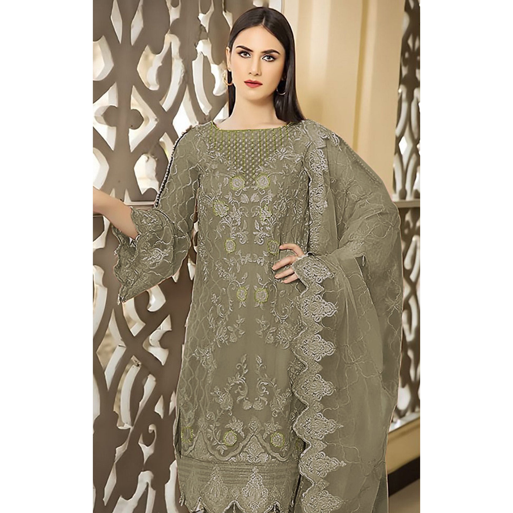 Dark Beige Floral Embroidered Georgette Semi Stitched Pakistani Suit