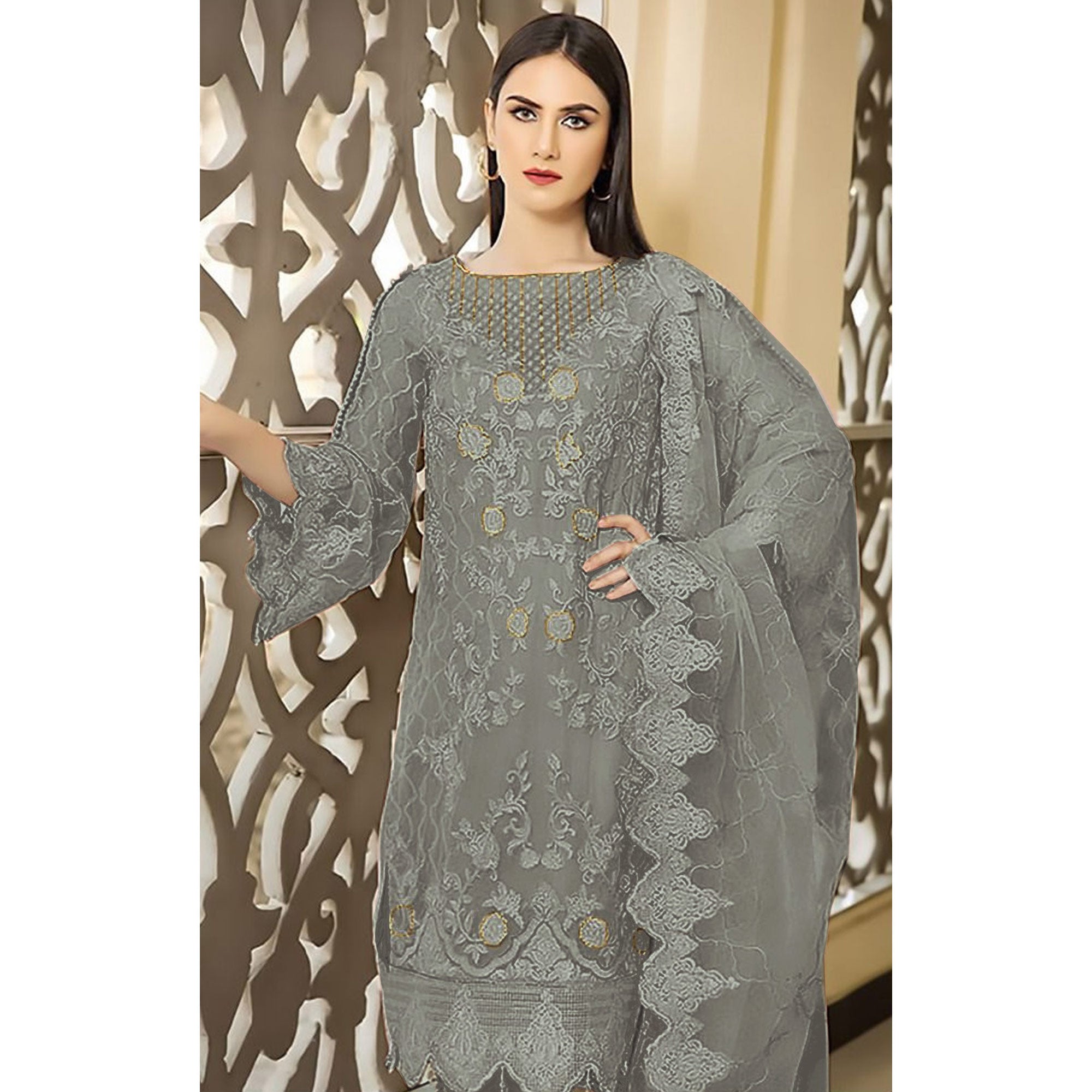 Grey Floral Embroidered Georgette Semi Stitched Pakistani Suit