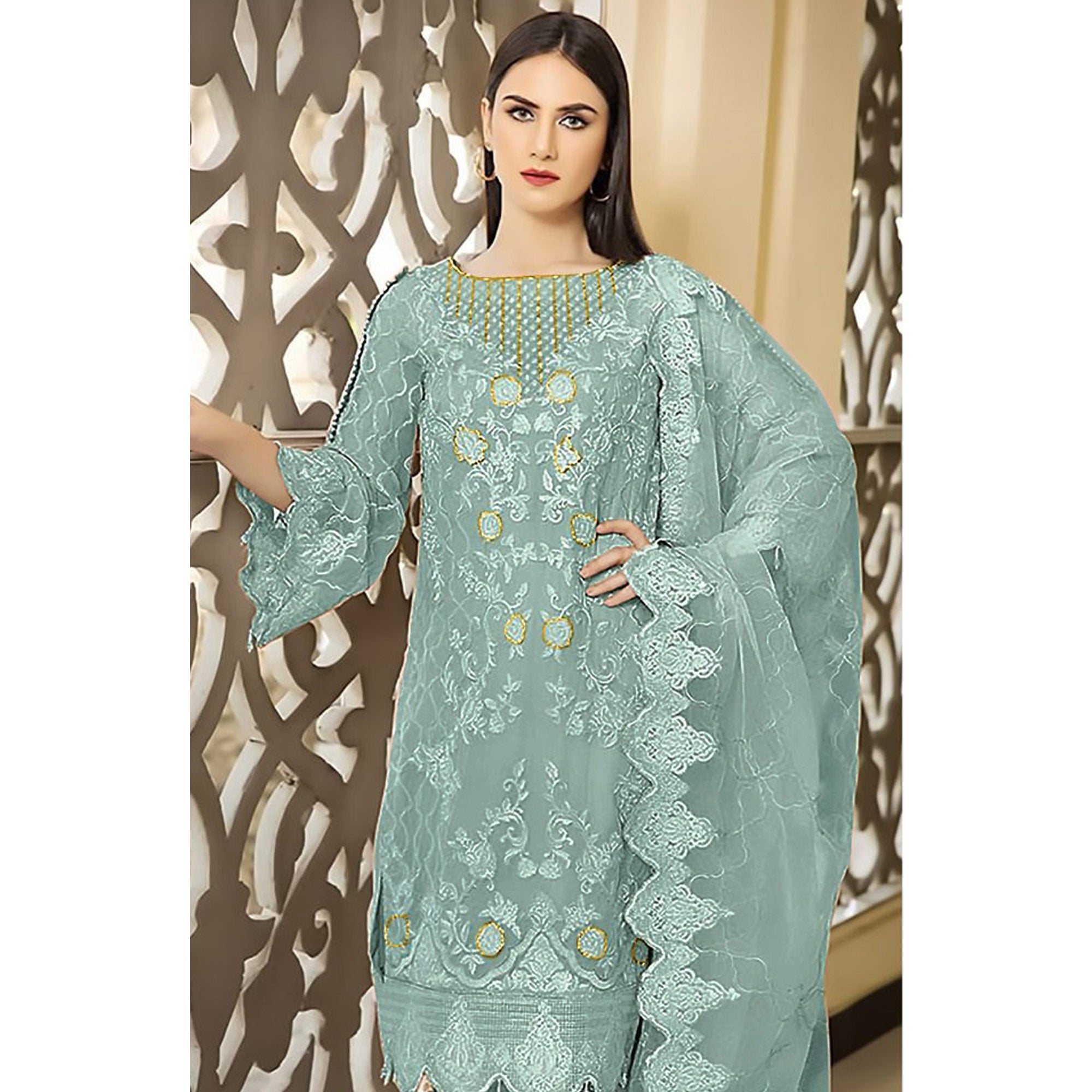 Light Turquoise Floral Embroidered Georgette Semi Stitched Pakistani Suit