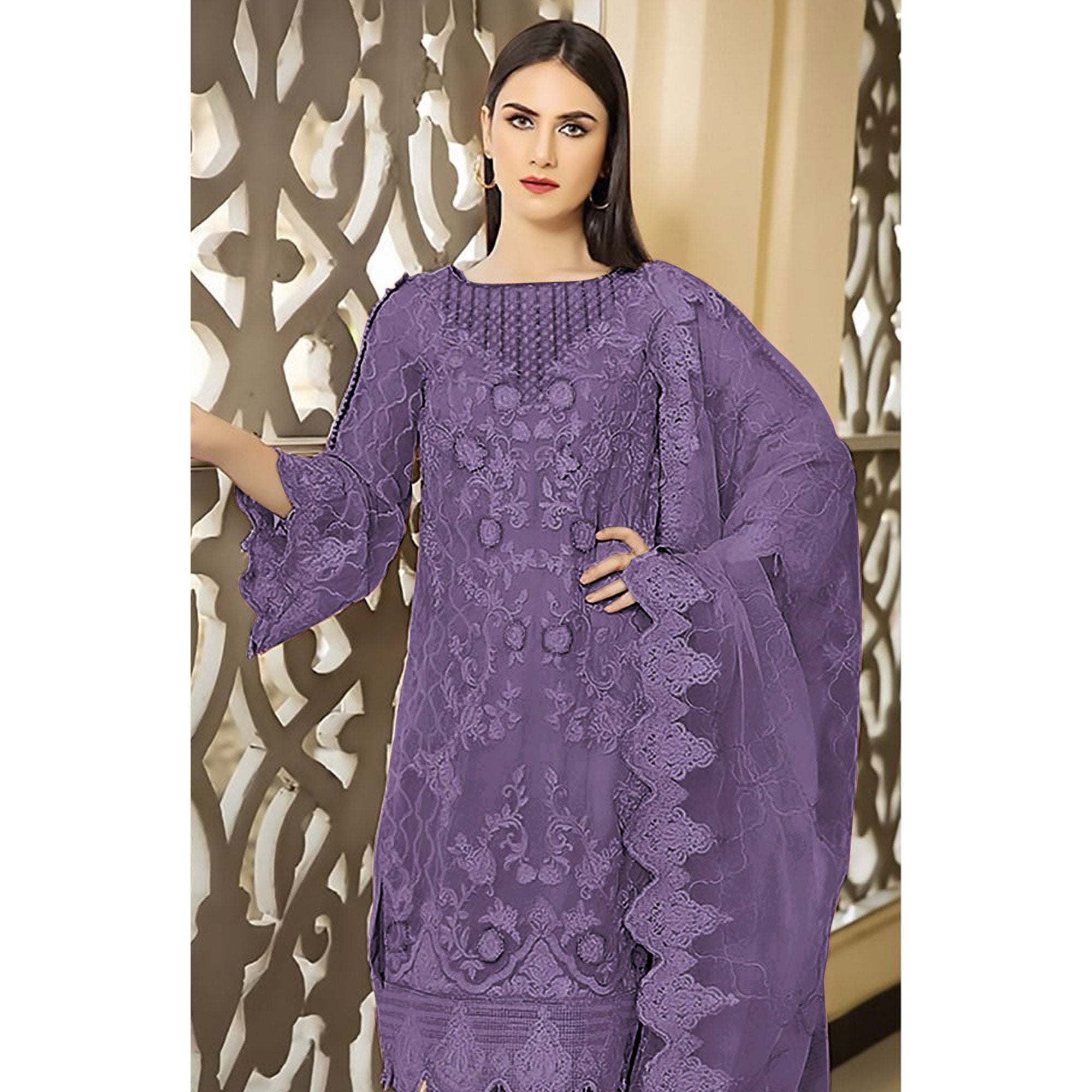 Purple Floral Embroidered Georgette Semi Stitched Pakistani Suit