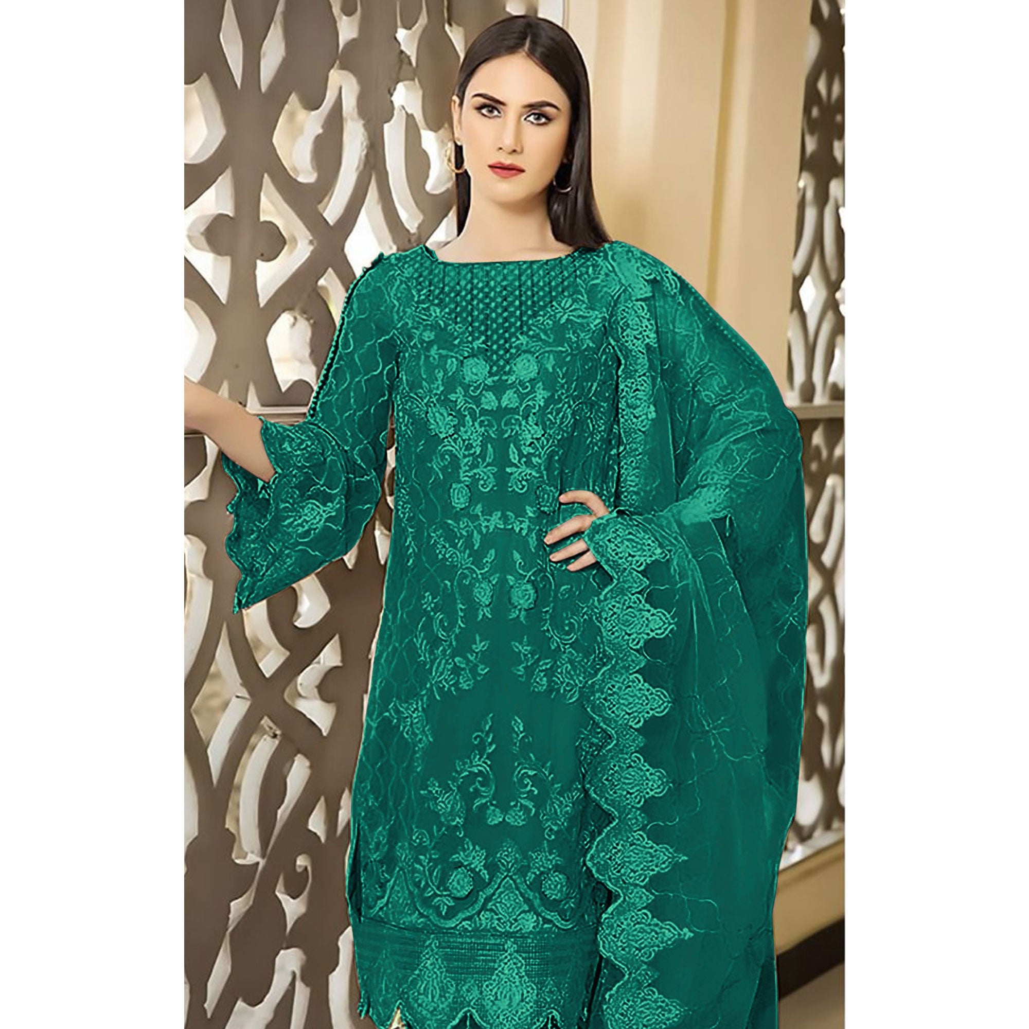 Teal Floral Embroidered Georgette Semi Stitched Pakistani Suit