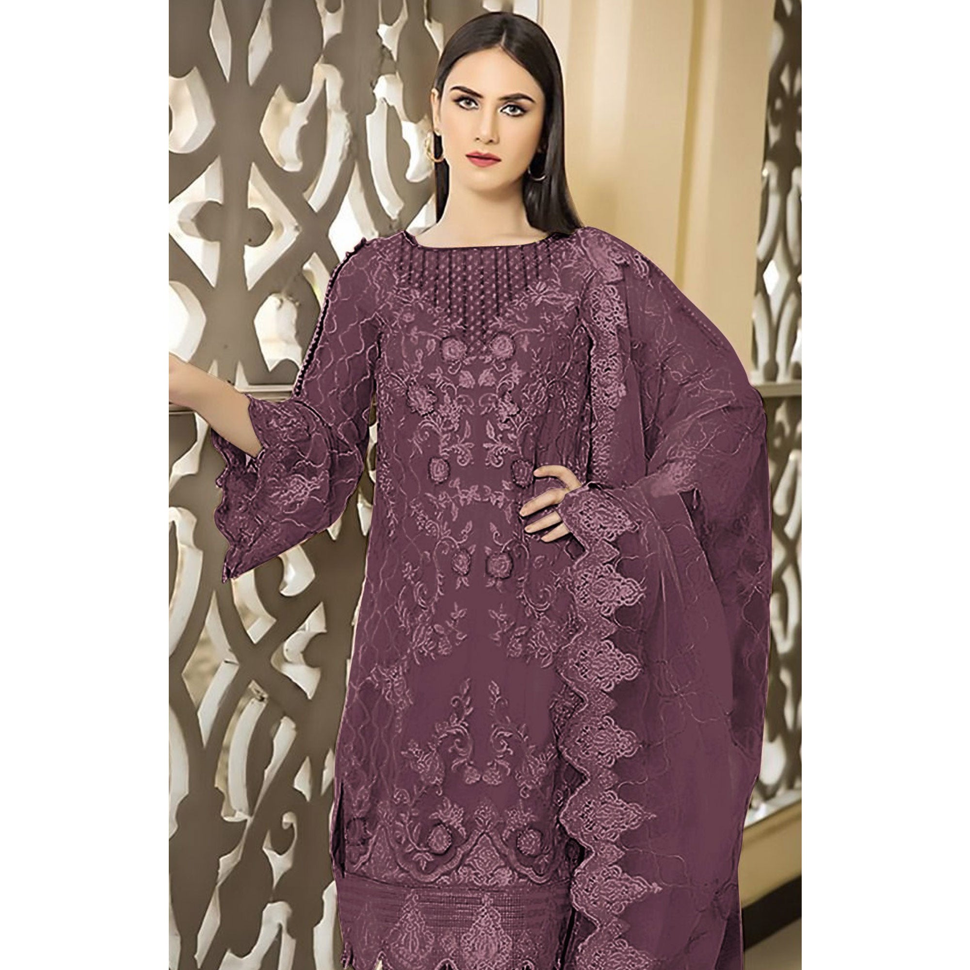 Dark Mauve Floral Embroidered Georgette Semi Stitched Pakistani Suit