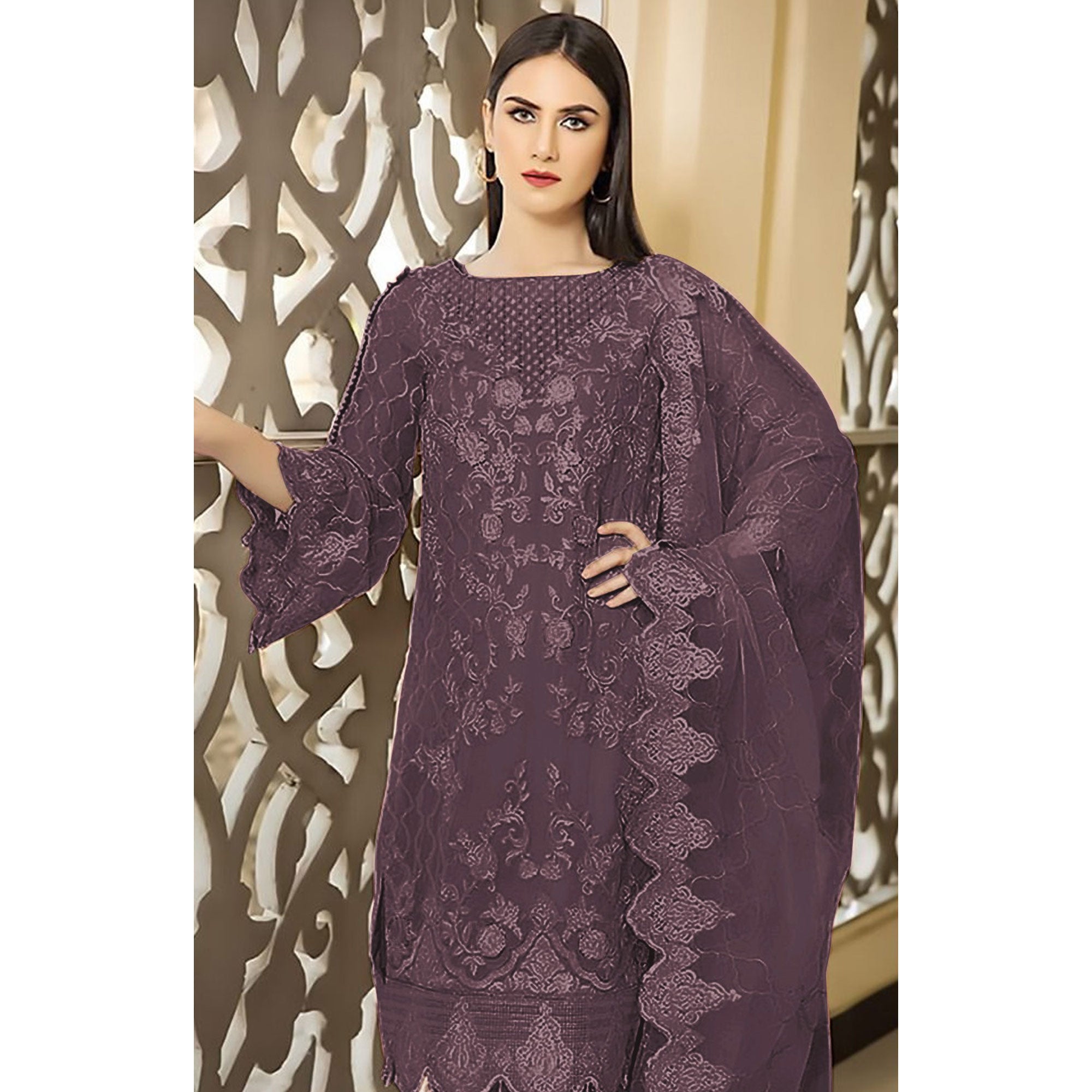 Light Mauve Floral Embroidered Georgette Semi Stitched Pakistani Suit