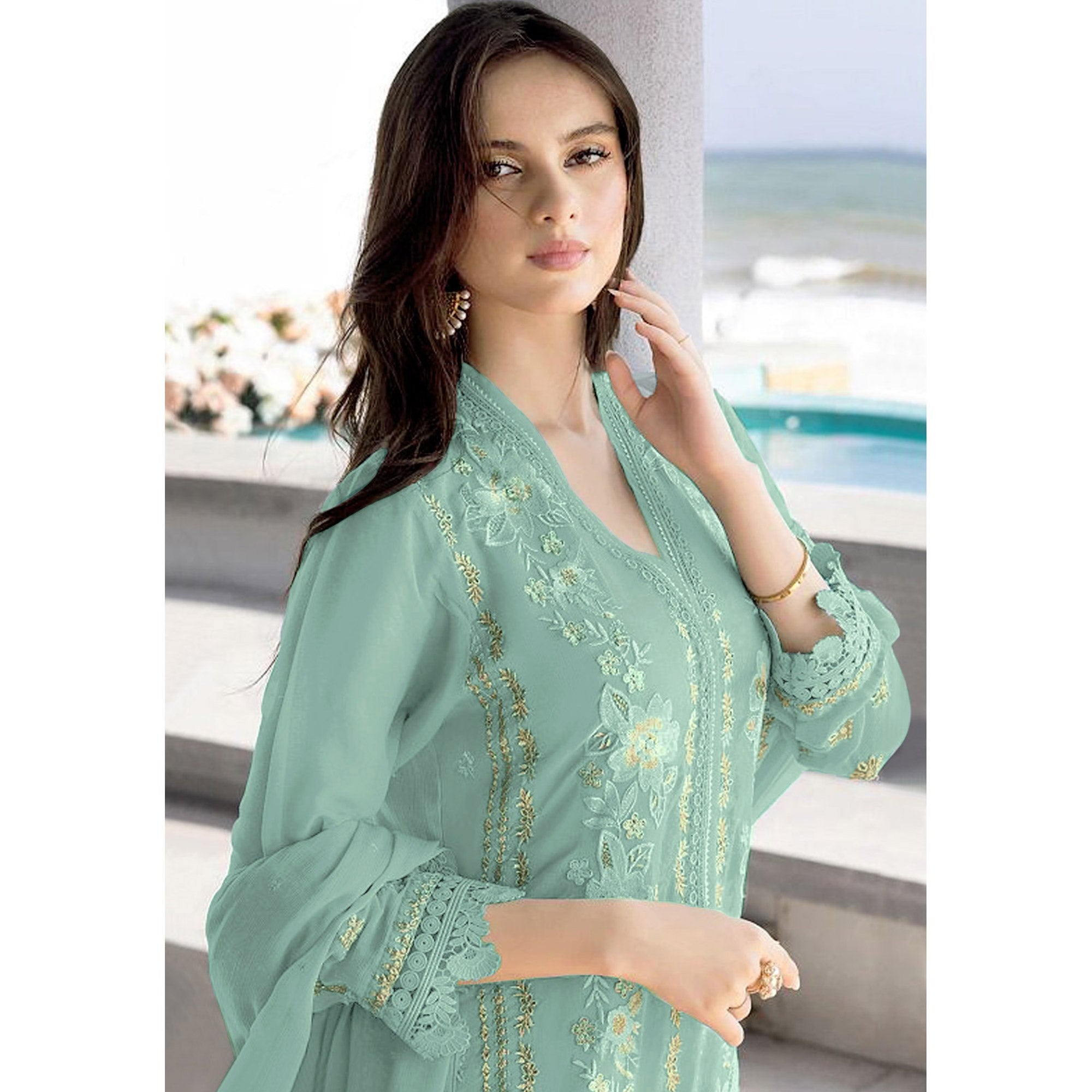 Light Turquoise Floral Embroidered Georgette Semi Stitched Pakistani Suit