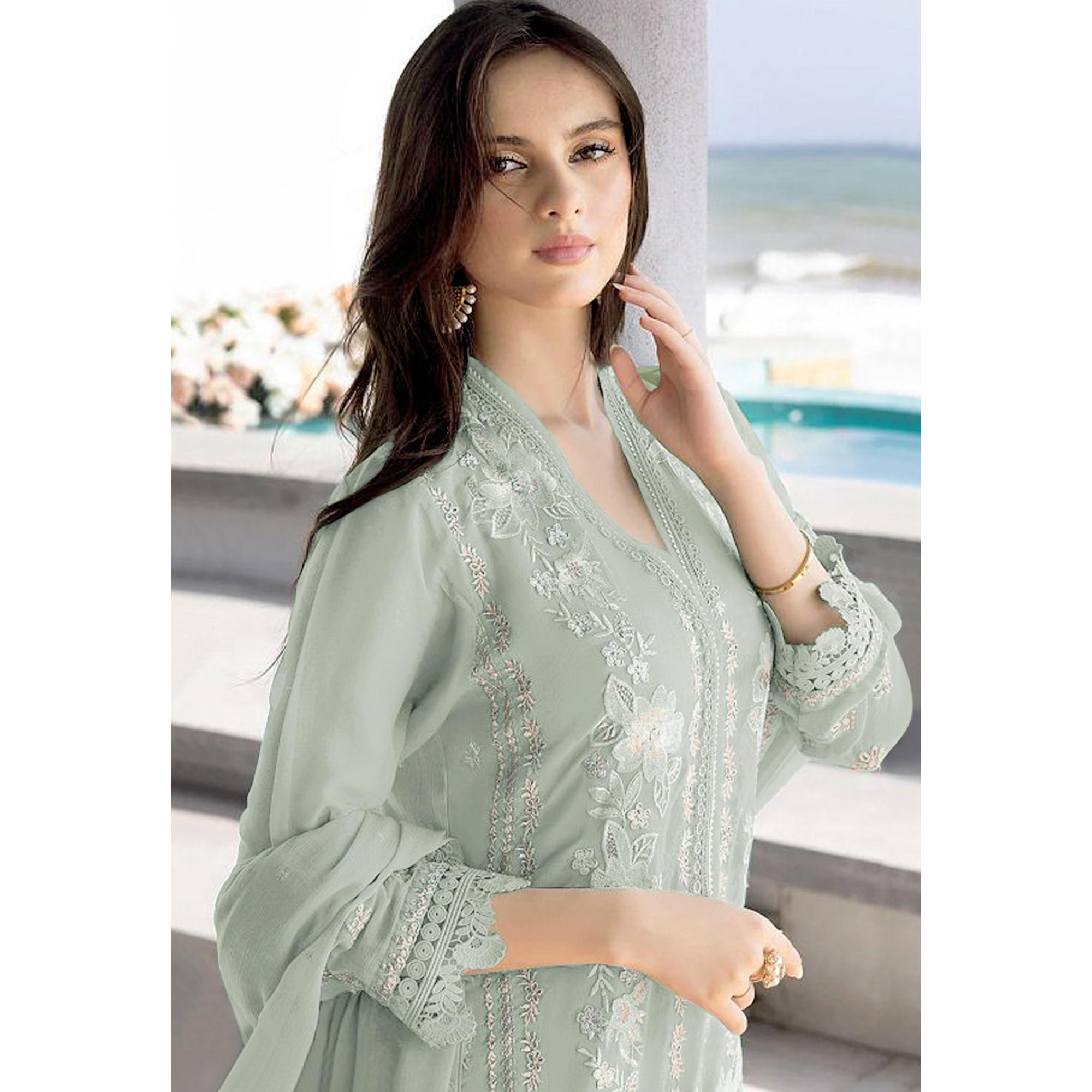 Pista Green Floral Embroidered Georgette Semi Stitched Pakistani Suit