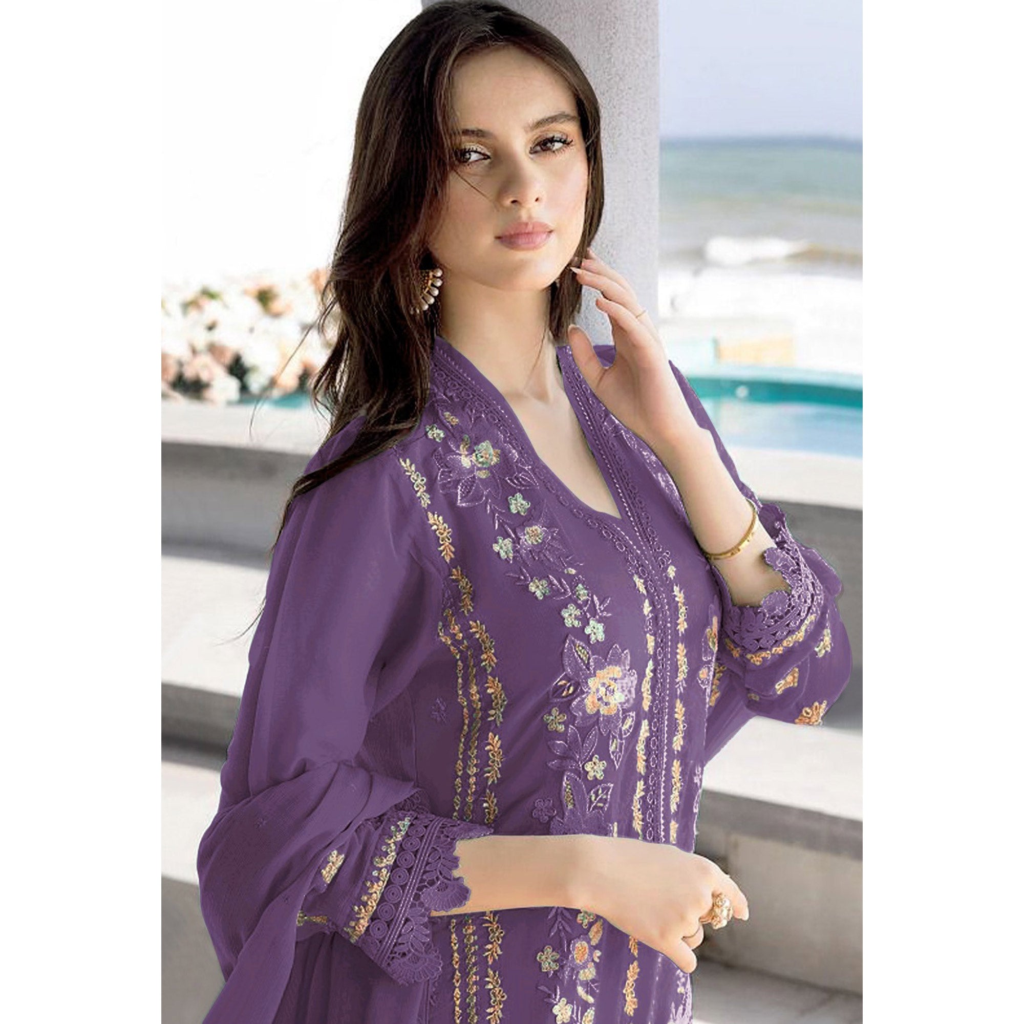 Purple Floral Embroidered Georgette Semi Stitched Pakistani Suit