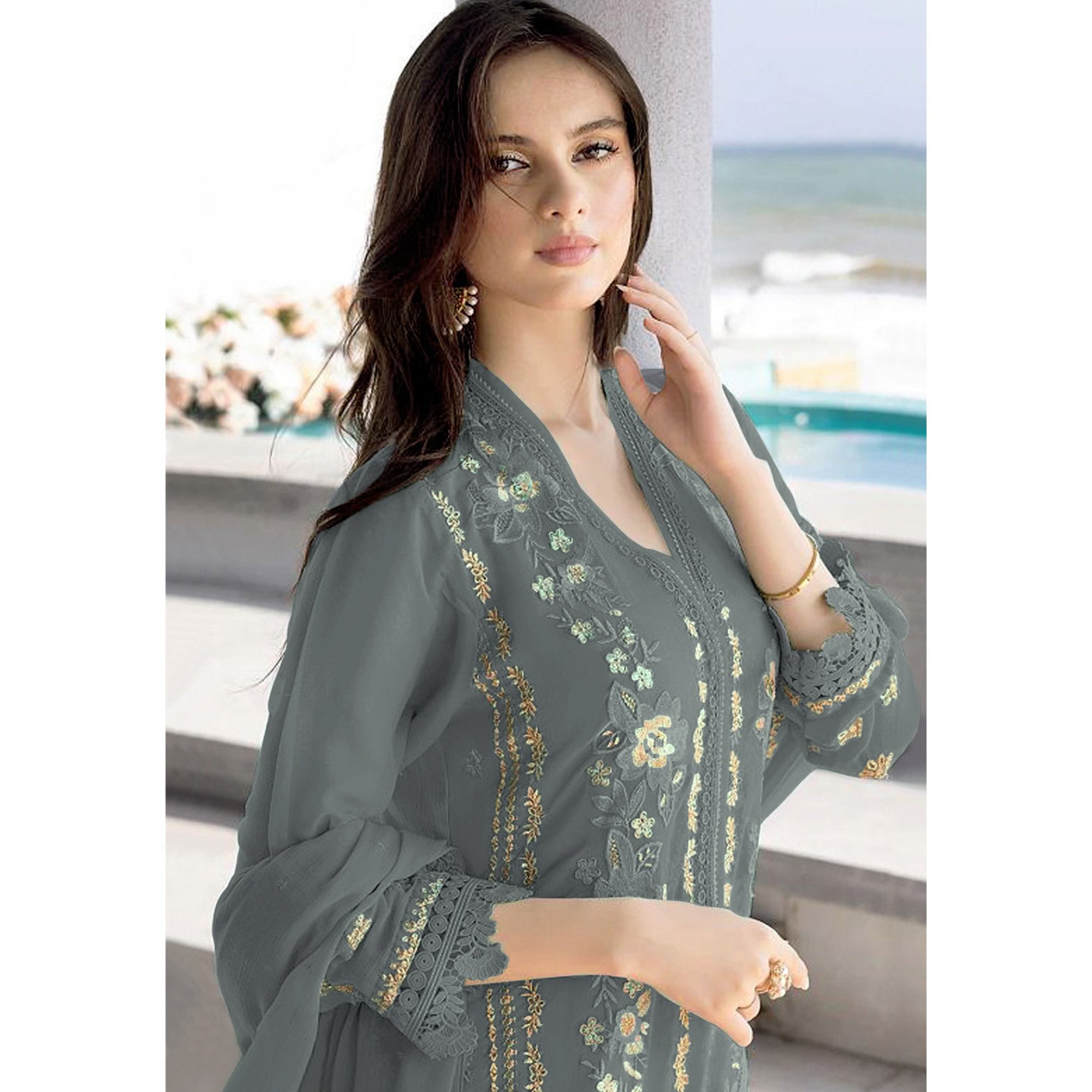 Grey Floral Embroidered Georgette Semi Stitched Pakistani Suit