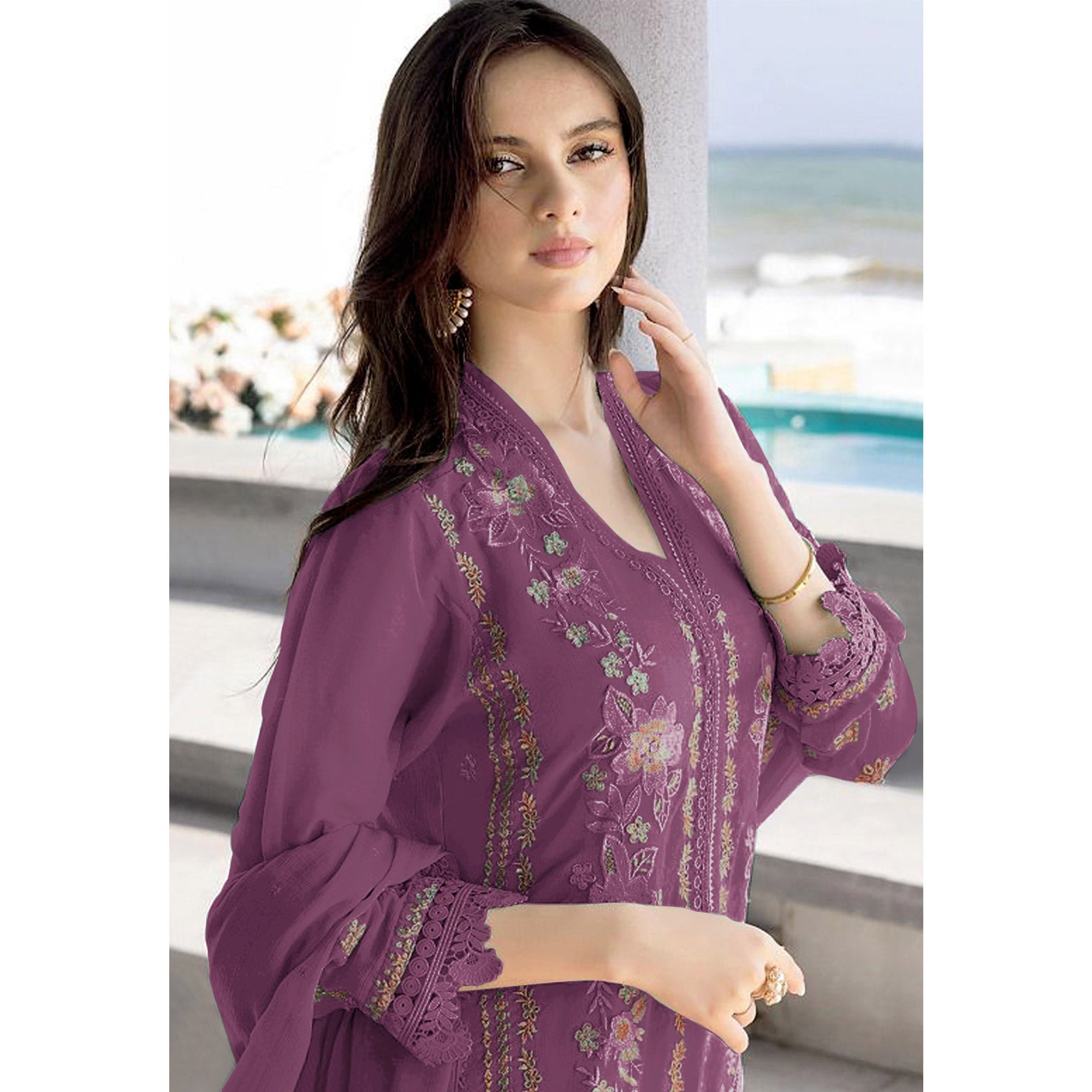 Dark Mauve Floral Embroidered Georgette Semi Stitched Pakistani Suit