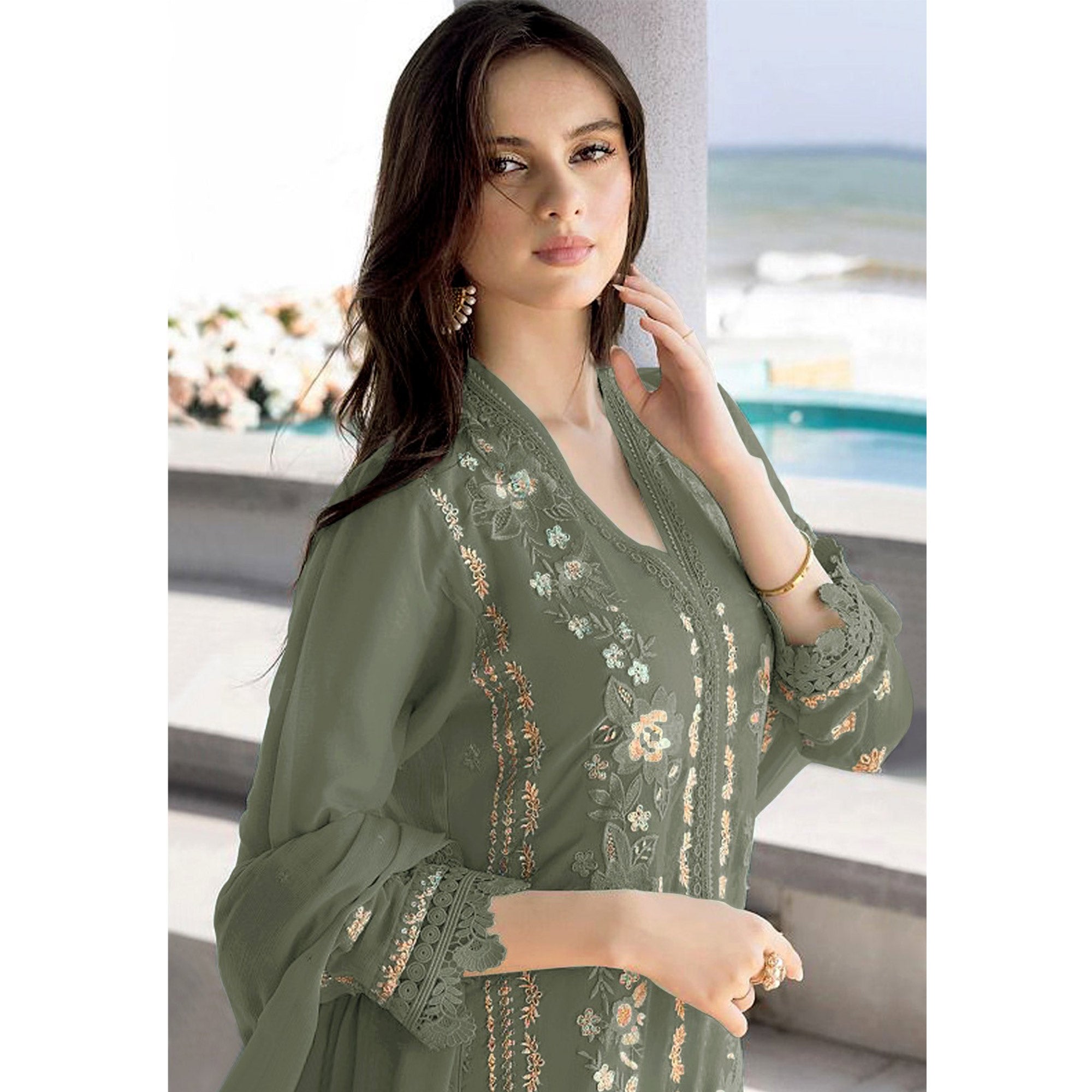 Mehendi Green Floral Embroidered Georgette Semi Stitched Pakistani Suit