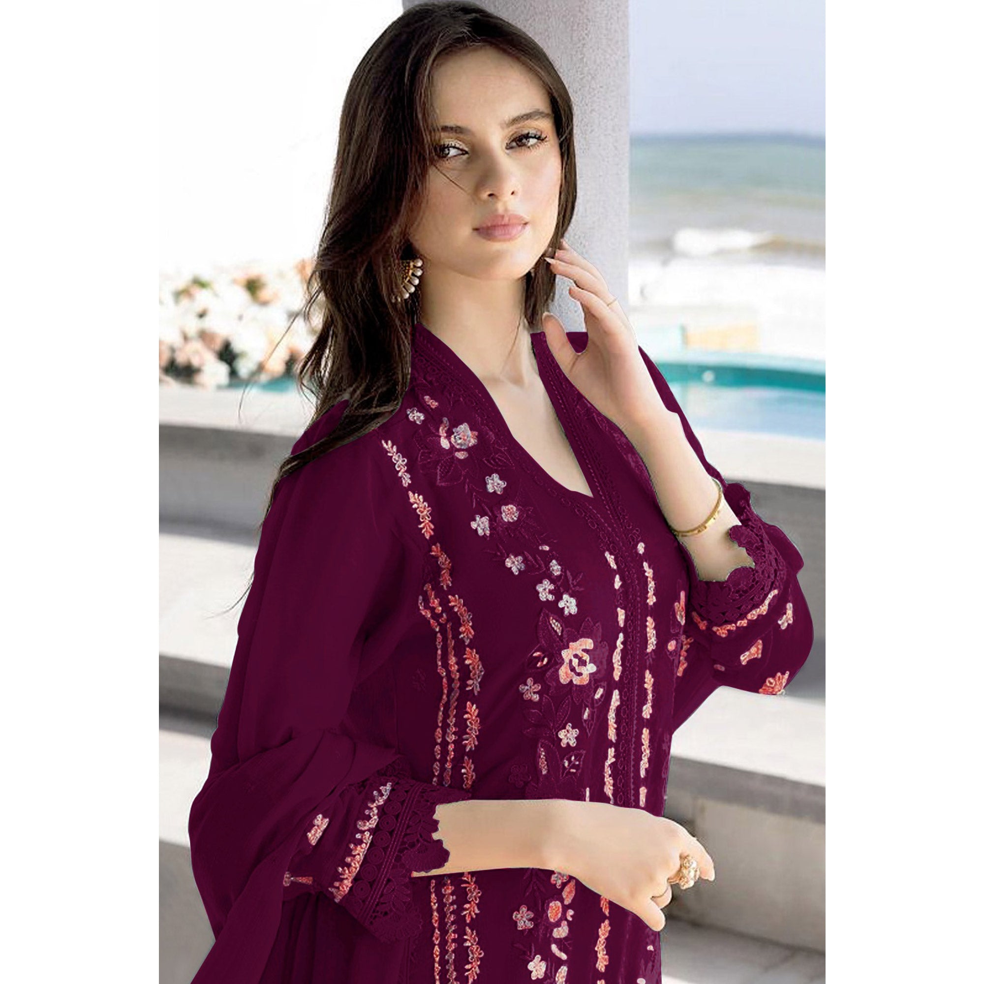 Wine Floral Embroidered Georgette Semi Stitched Pakistani Suit