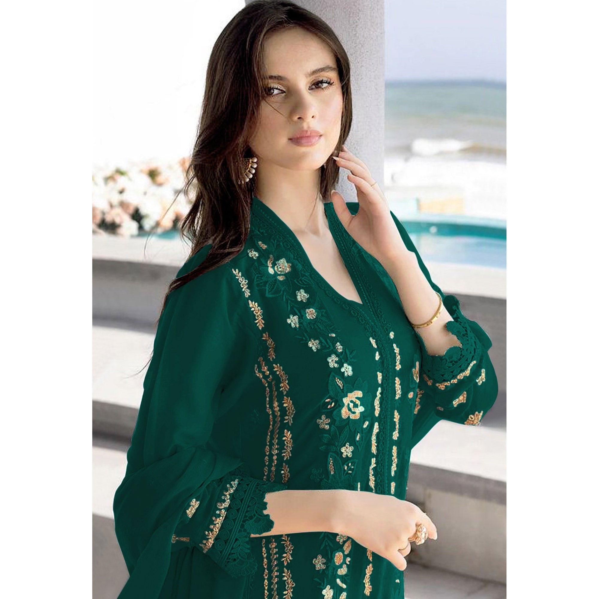 Rama Green Floral Embroidered Georgette Semi Stitched Pakistani Suit