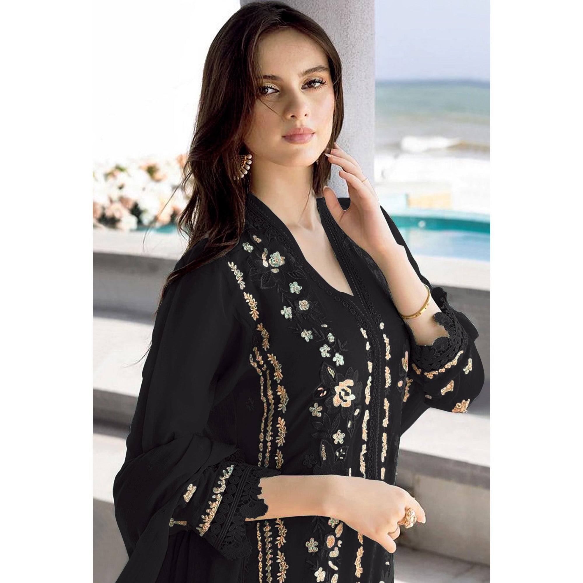 Black Floral Embroidered Georgette Semi Stitched Pakistani Suit