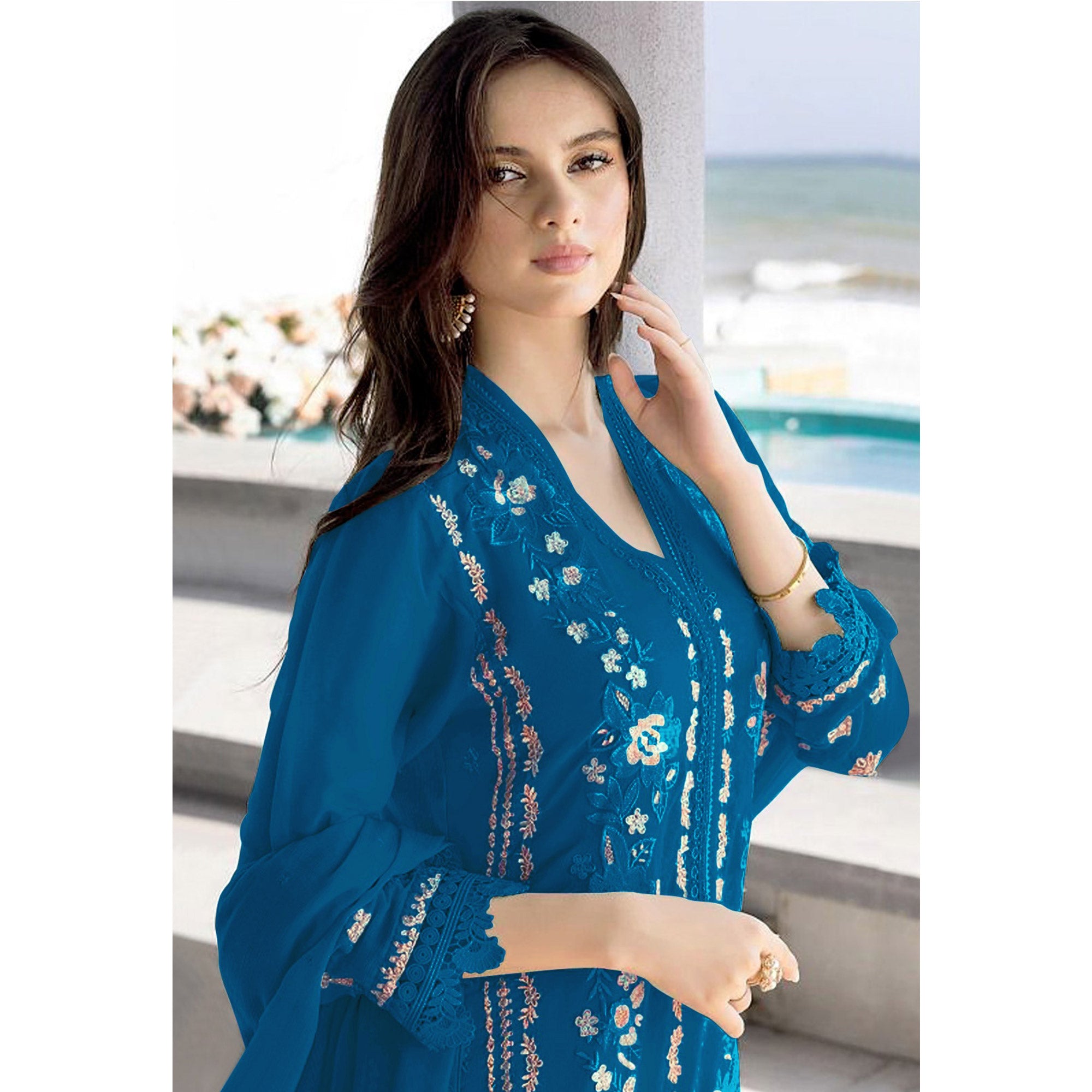 Blue Floral Embroidered Georgette Semi Stitched Pakistani Suit