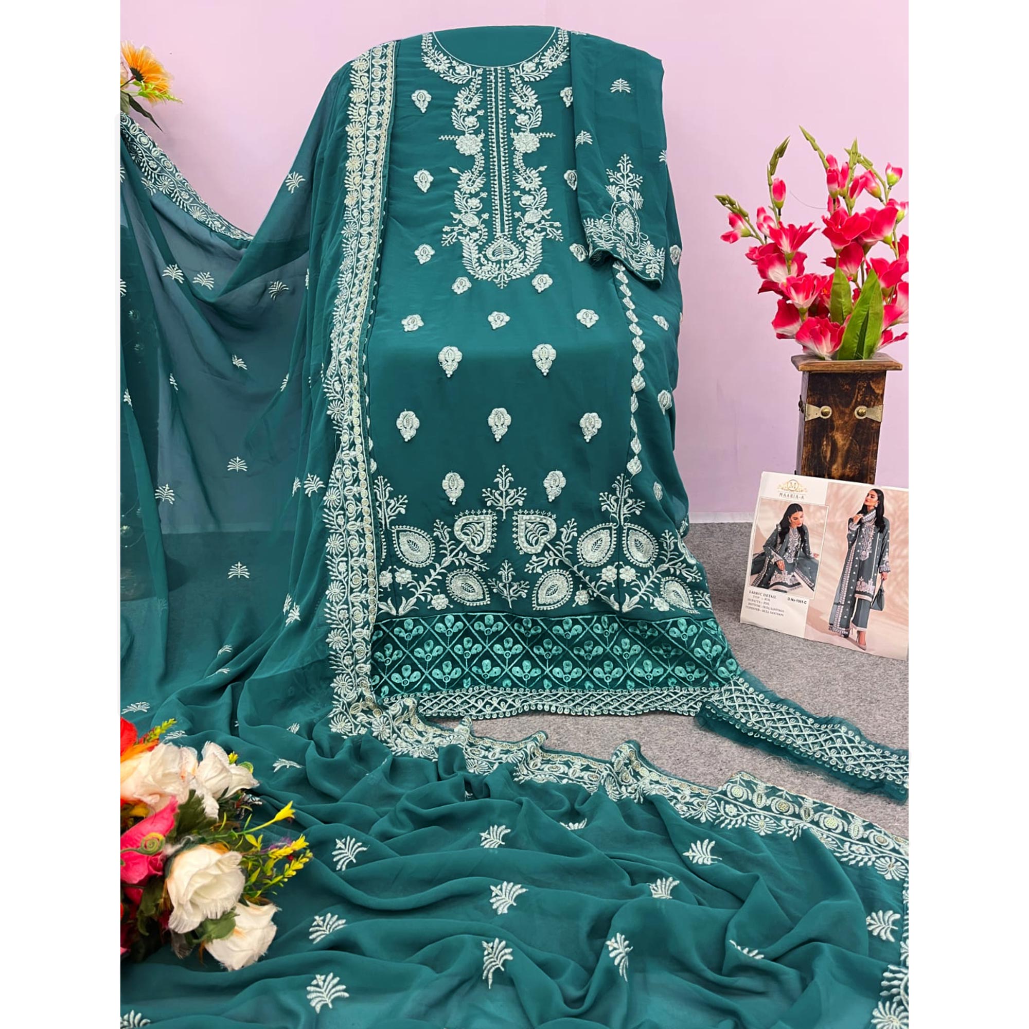 Teal Floral Embroidered Georgette Semi Stitched Pakistani Suit