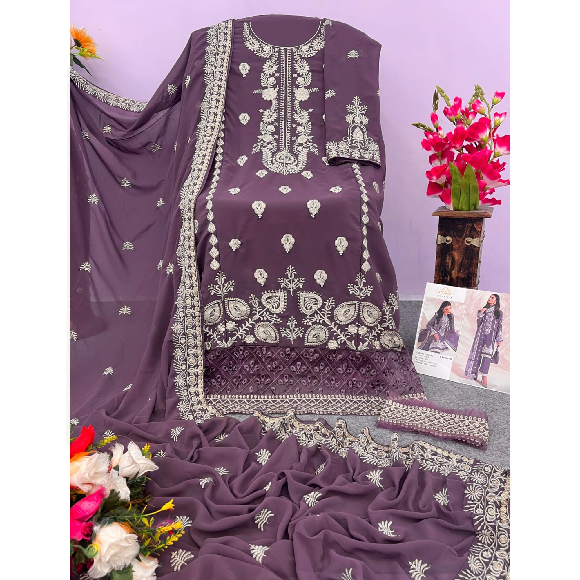 Purple Floral Embroidered Georgette Semi Stitched Pakistani Suit