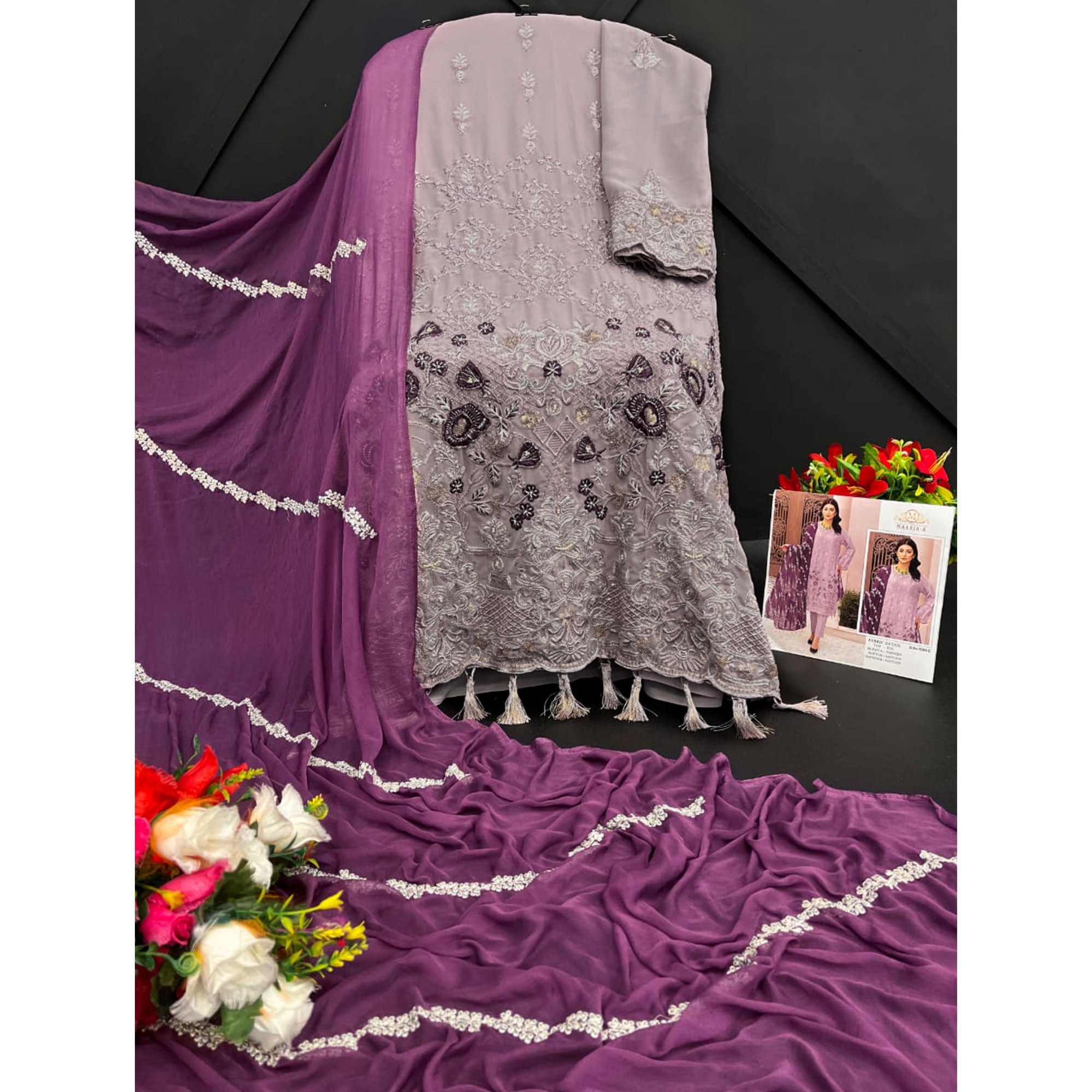 Mauve Floral Embroidered Georgette Semi Stitched Pakistani Suit
