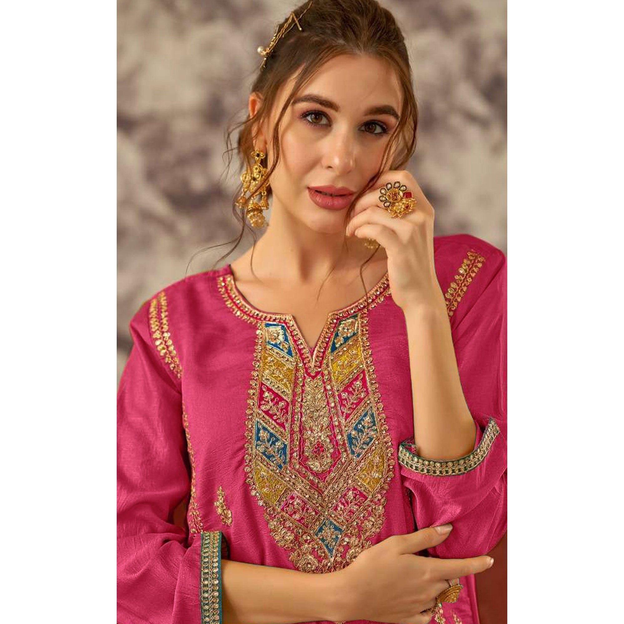 Pink Floral Embroidered Vichitra Silk Semi Stitched Pakistani Dress Material