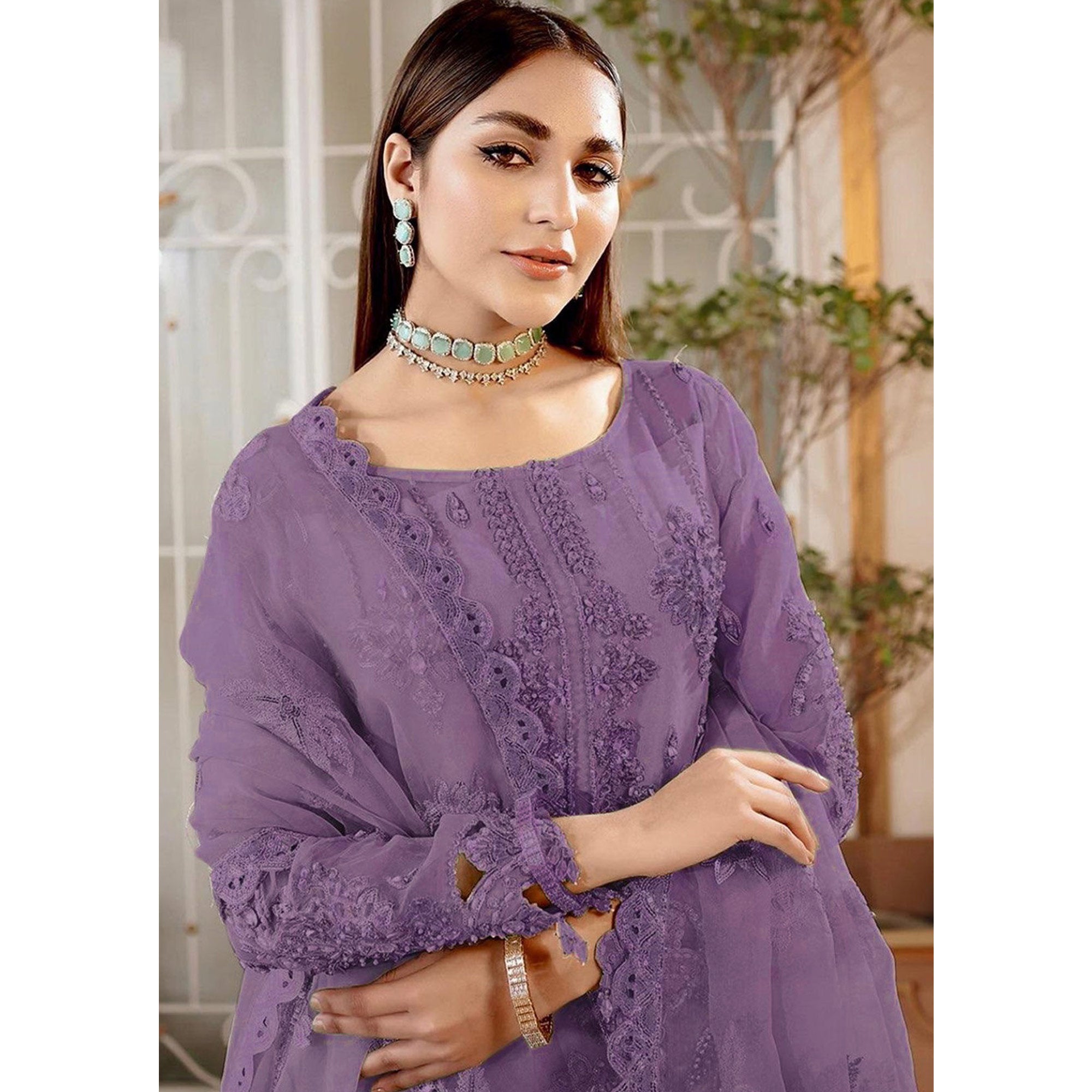 Purple Floral Sequins Embroidered Organza Semi Stitched Pakistani Suit