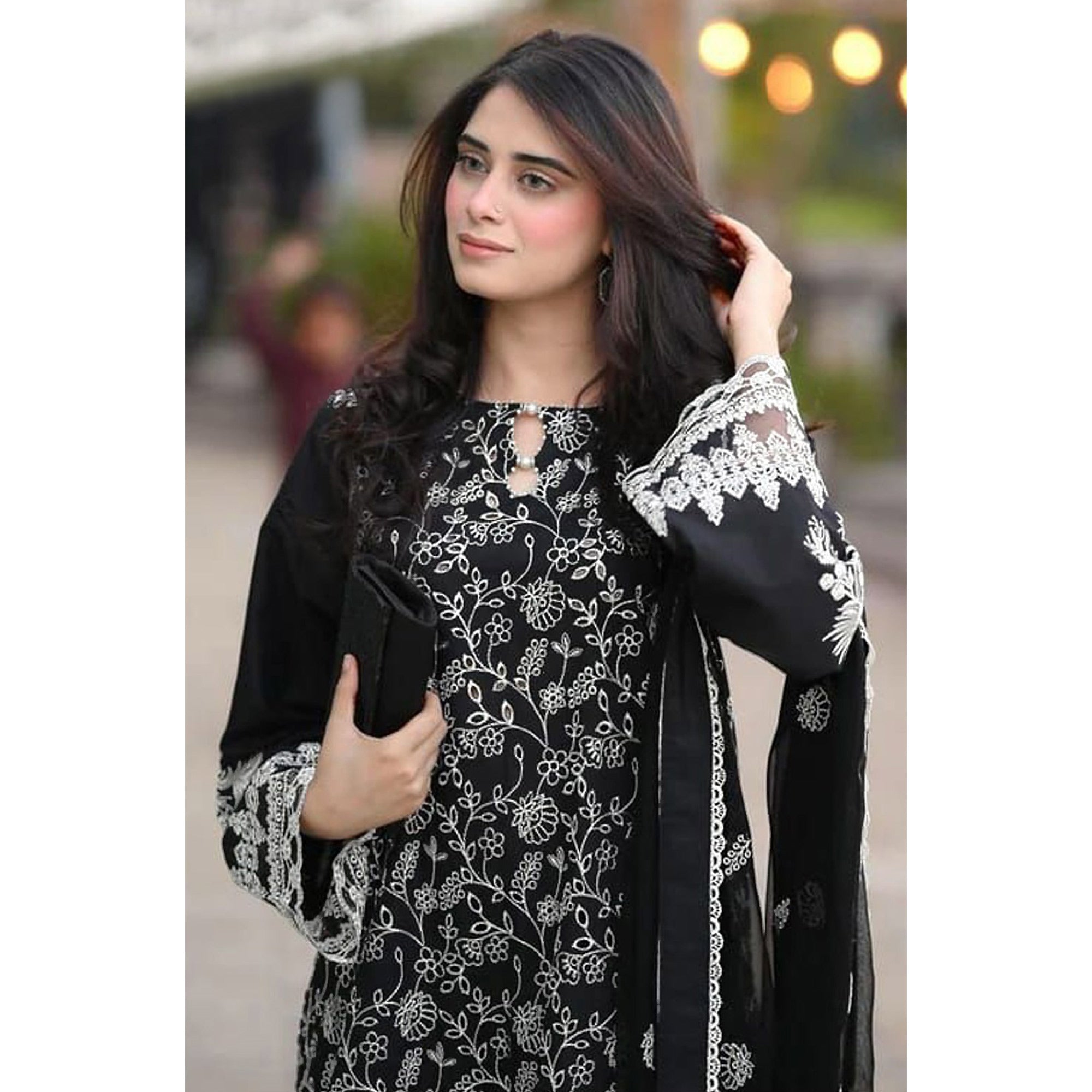 Black Floral Embroiderde Georgette Semi Stitched Pakistani Suit