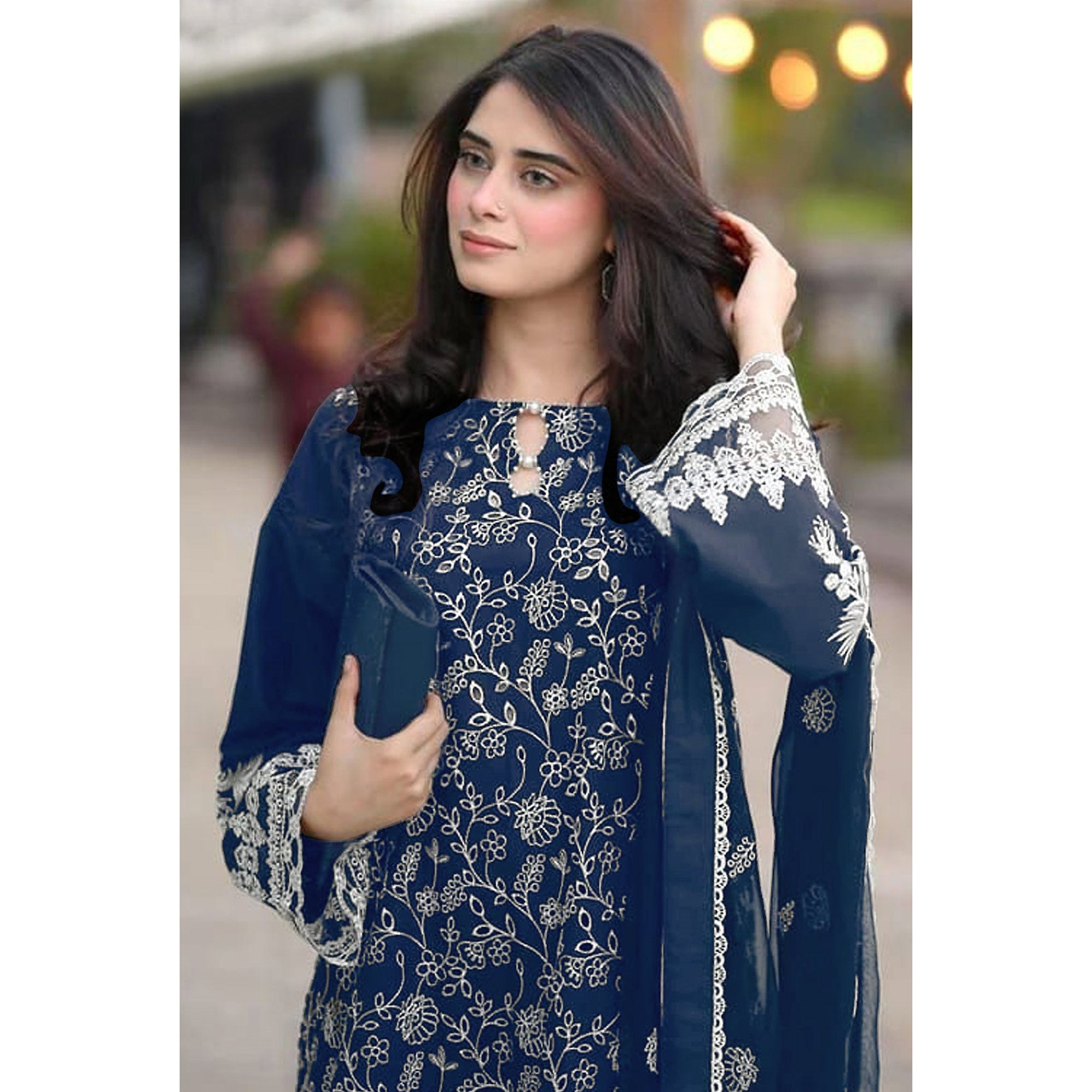 Blue Floral Embroidered Georgette Semi Stitched Pakistani Suit