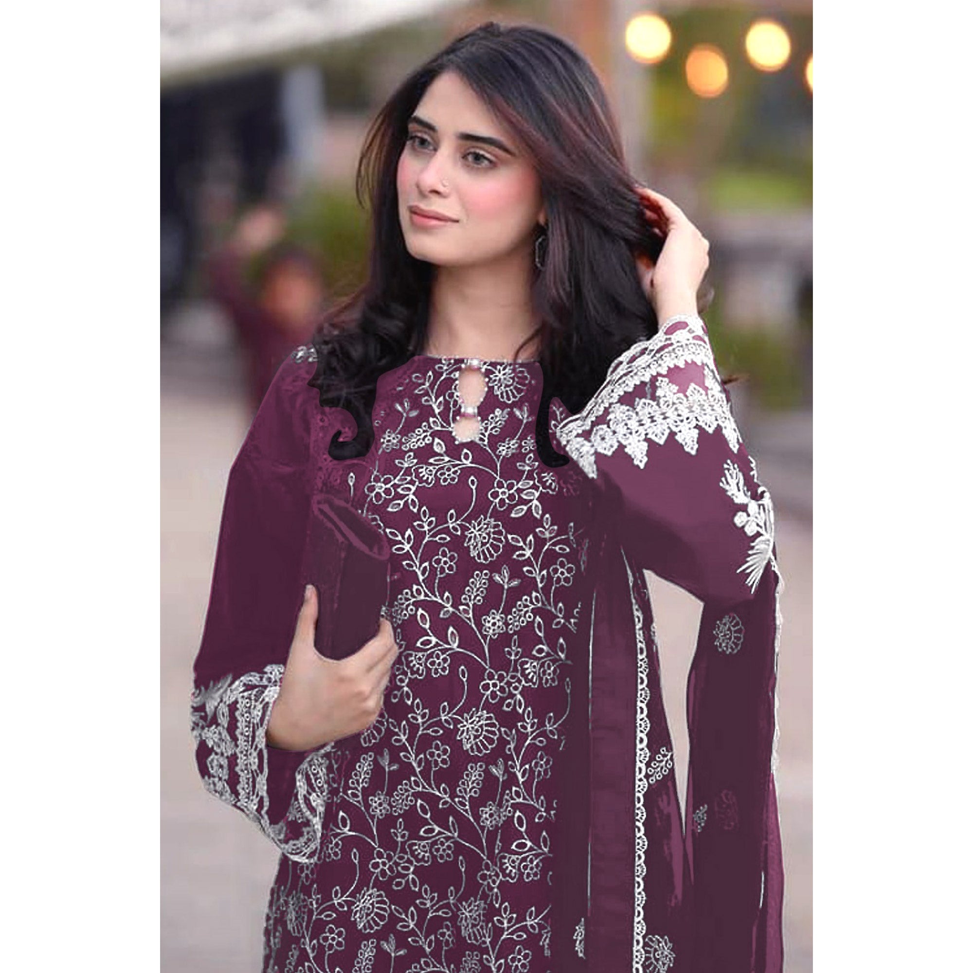 Wine Floral Embroidered Georgette Semi Stitched Pakistani Suit