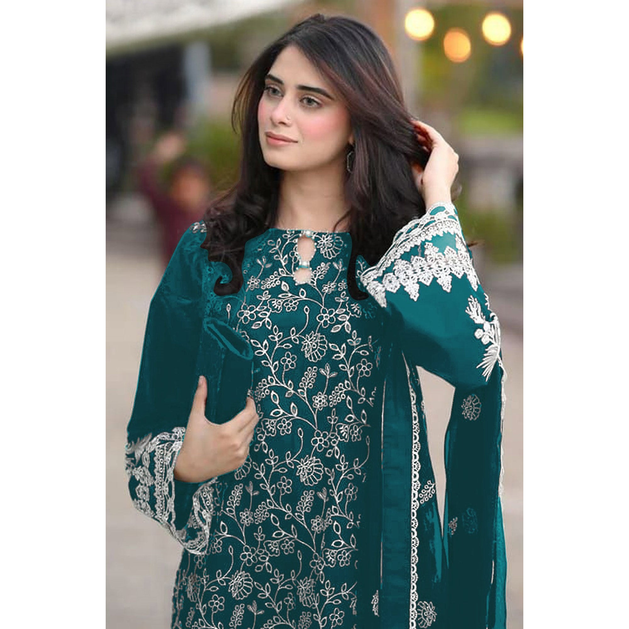 Teal Floral Embroidered Georgette Semi Stitched Pakistani Suit