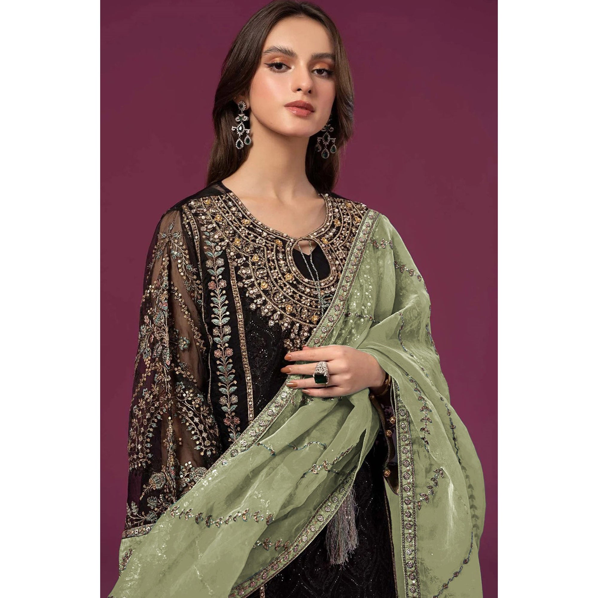 Black & Green Embroidered Georgette Semi Stitched Pakistani Suit