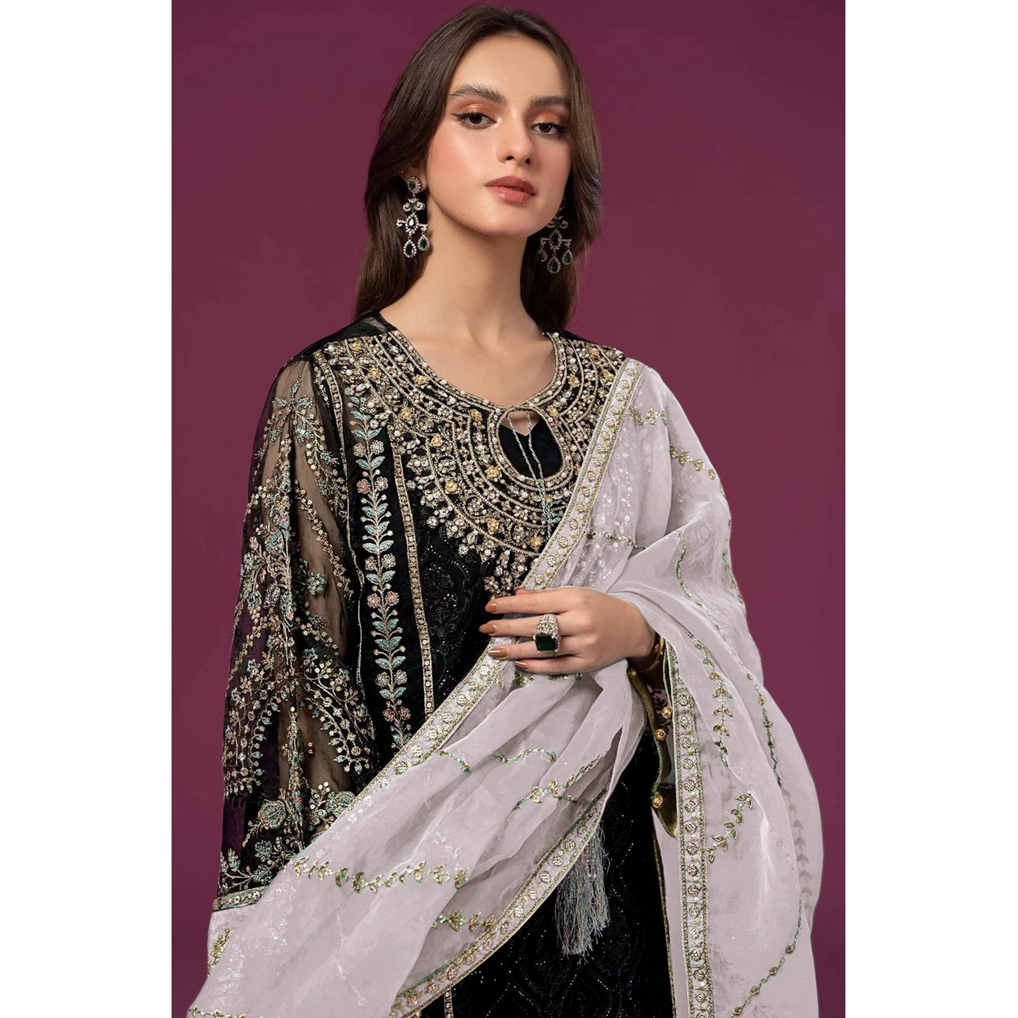 Black & Lavender Embroidered Georgette Semi Stitched Pakistani Suit