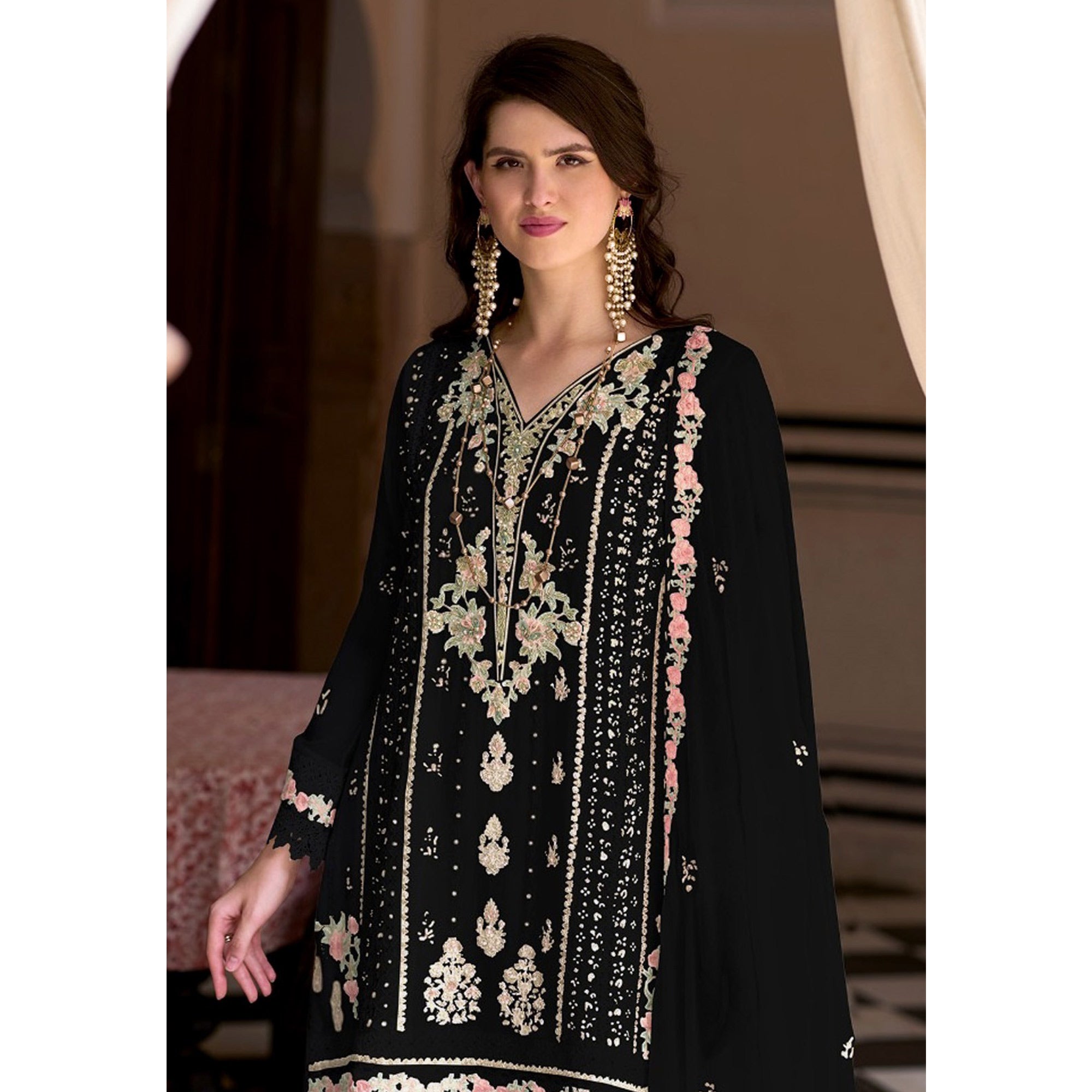 Black Floral Sequins Embroidered Georgette Semi Stitched Pakistani Suit