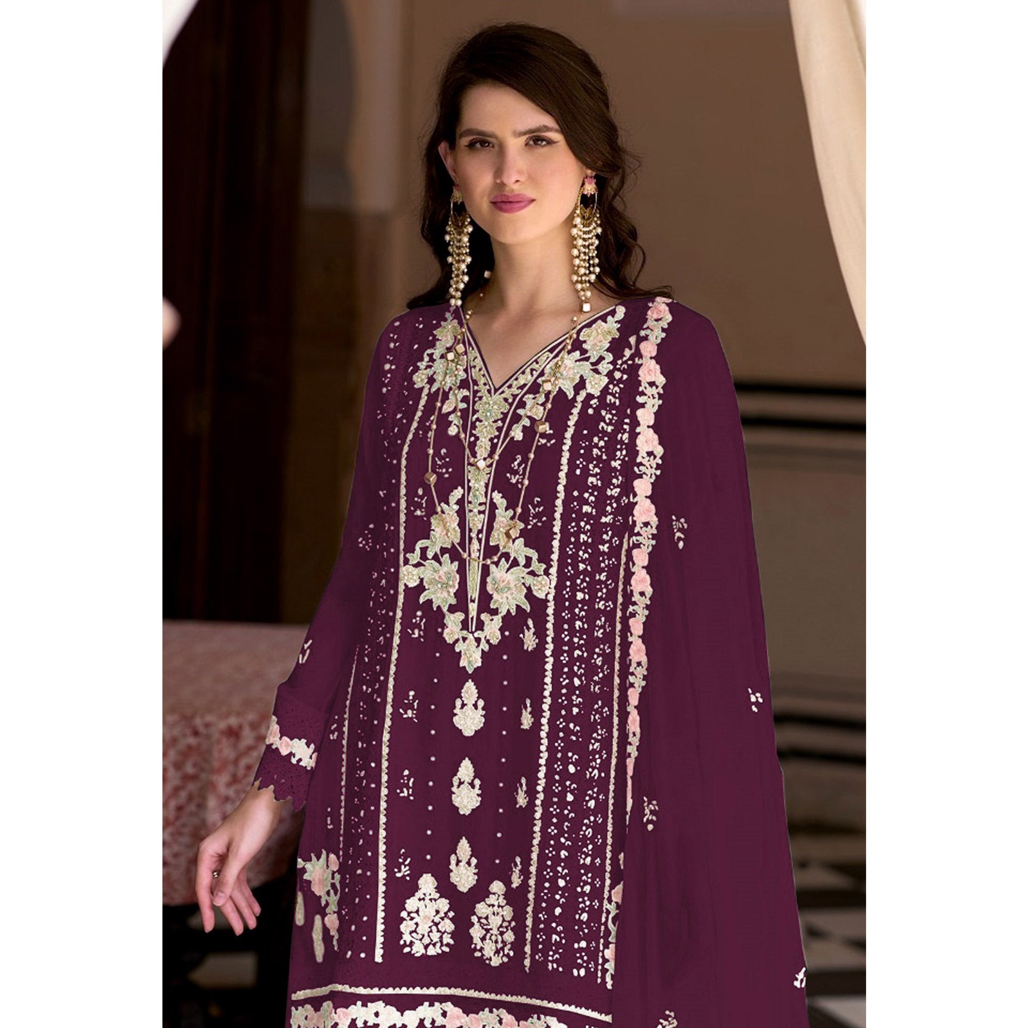 Wine Floral Sequins Embroidered Georgette Semi Stitched Pakistani Suit