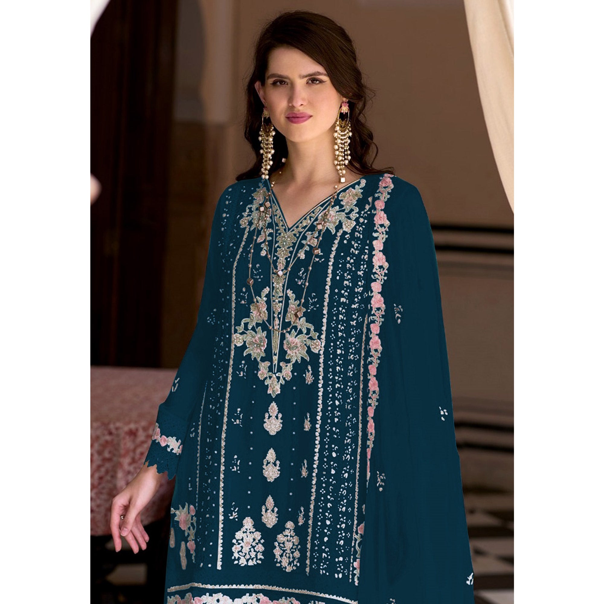 Moprich Floral Sequins Embroidered Georgette Semi Stitched Pakistani Suit