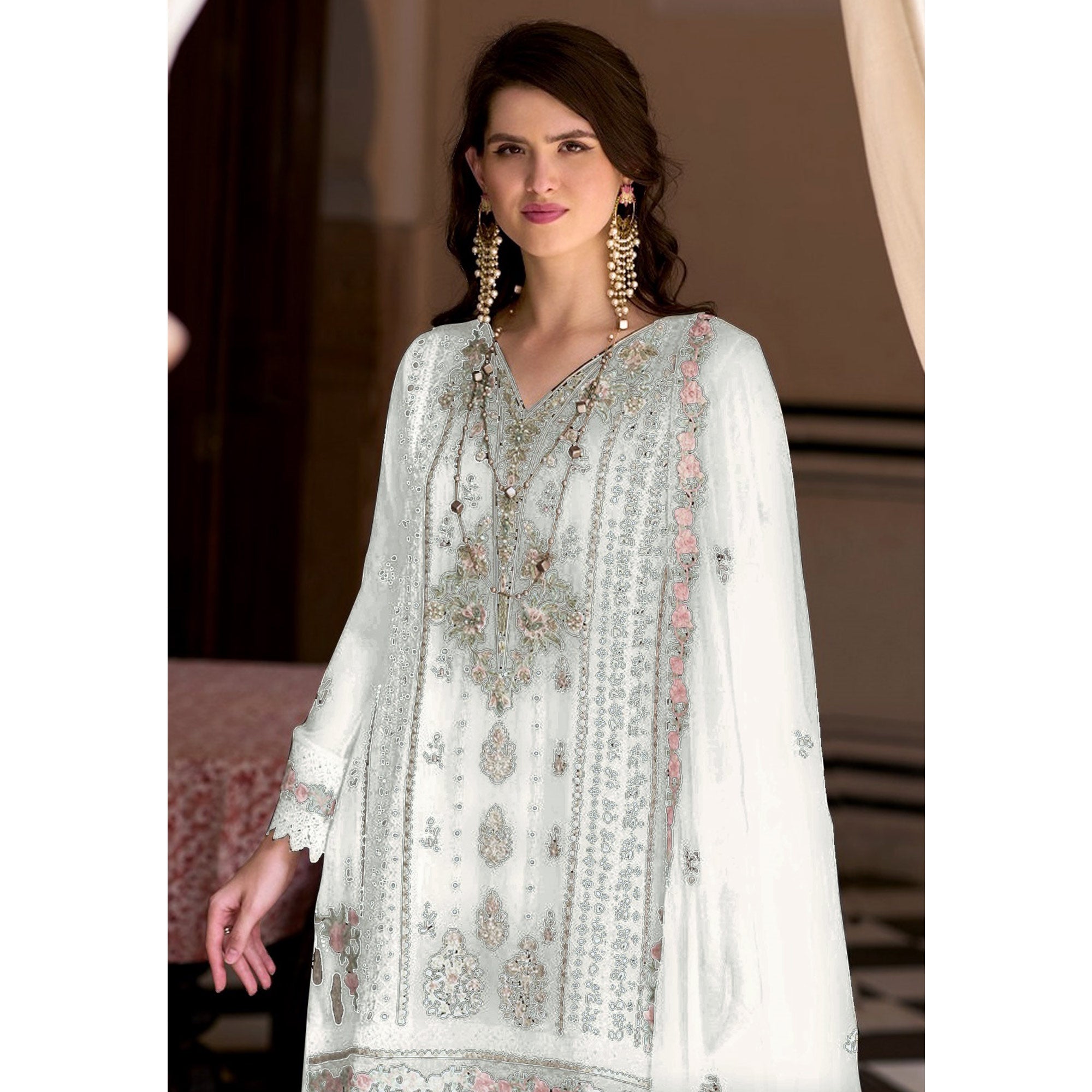 White Floral Sequins Embroidered Georgette Semi Stitched Pakistani Suit