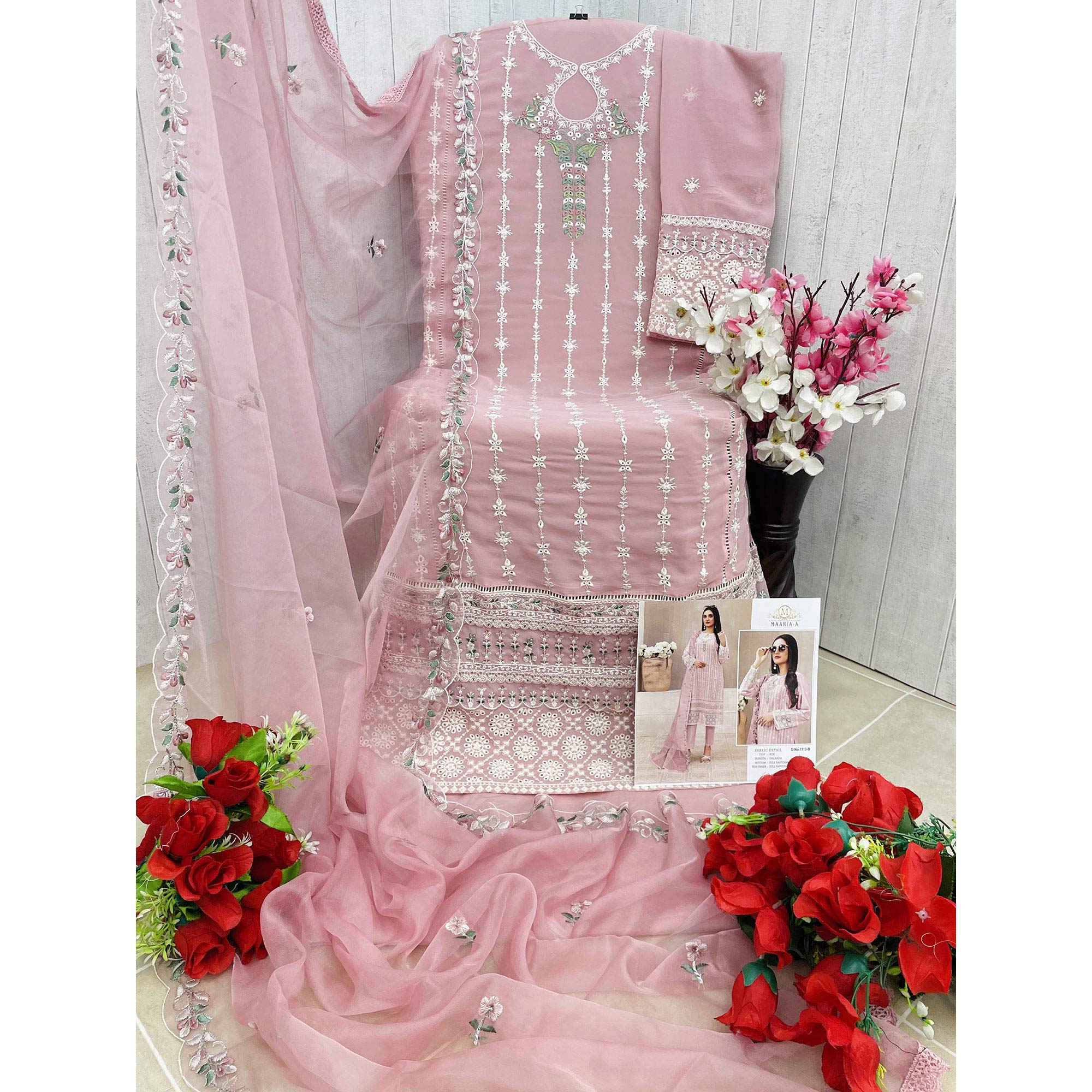 Light Pink Floral Embroidered Georgette Semi Stitched Pakistani Suit