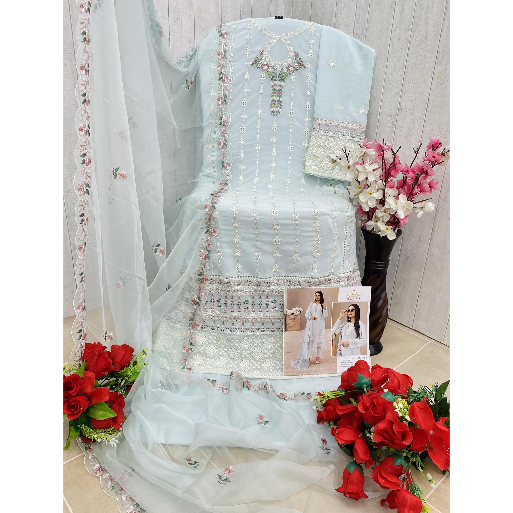 Sky Blue Floral Embroidered Georgette Semi Stitched Pakistani Suit