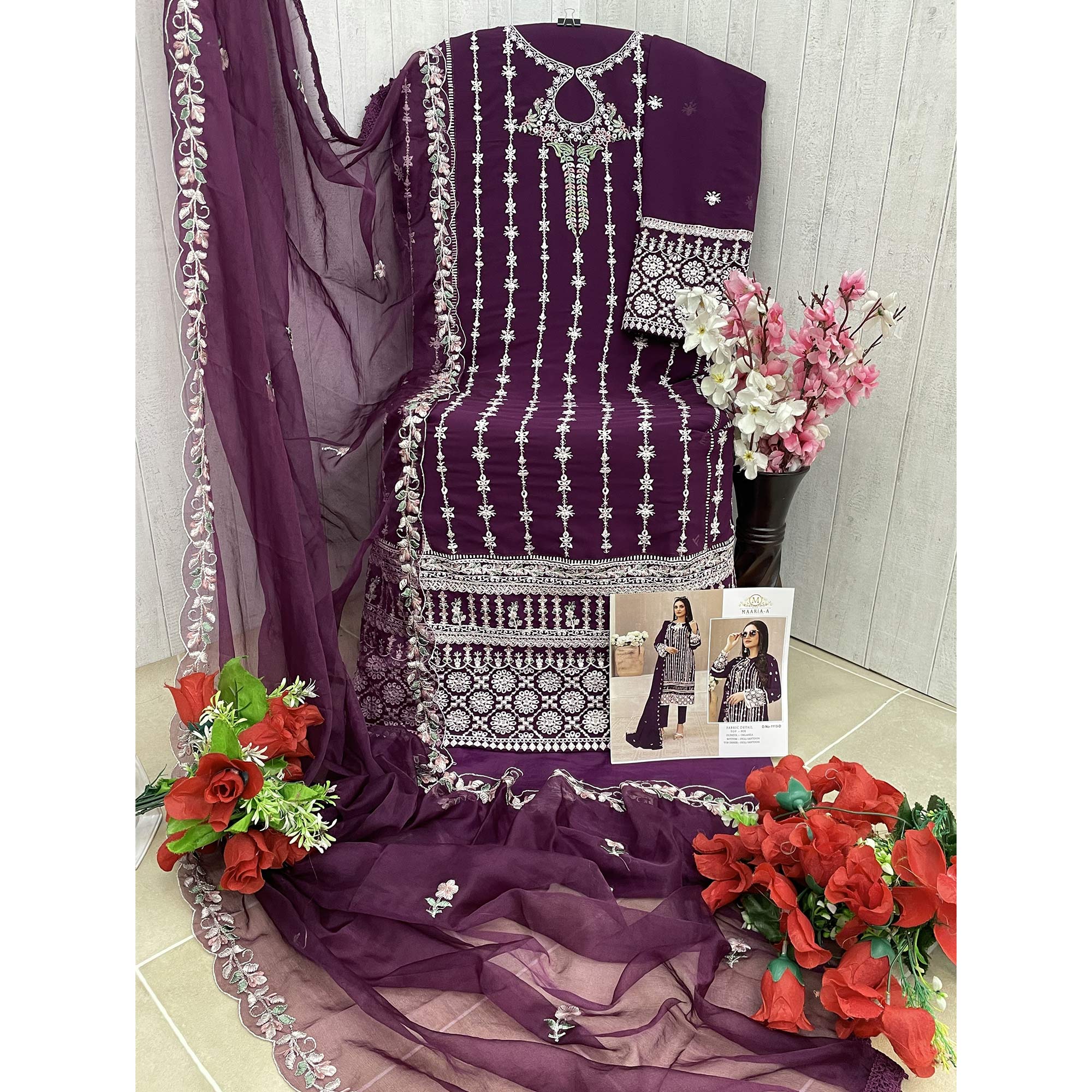 Dark Purple Floral Embroidered Georgette Semi Stitched Pakistani Suit