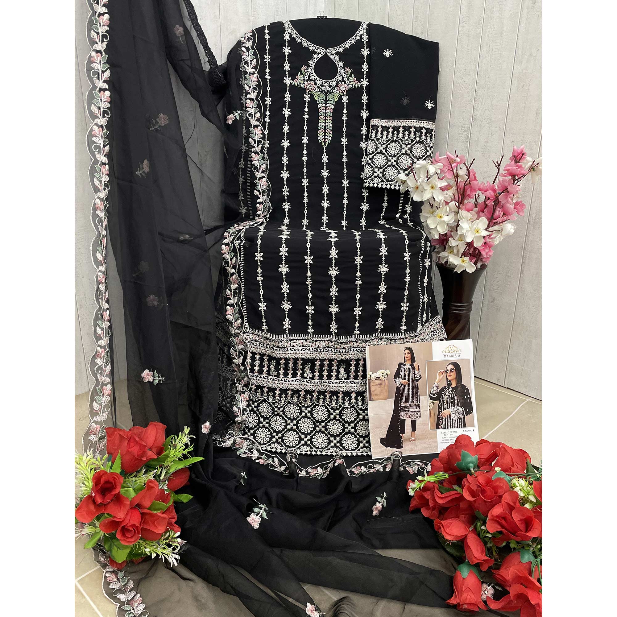 Black Floral Embroidered Georgette Semi Stitched Pakistani Suit