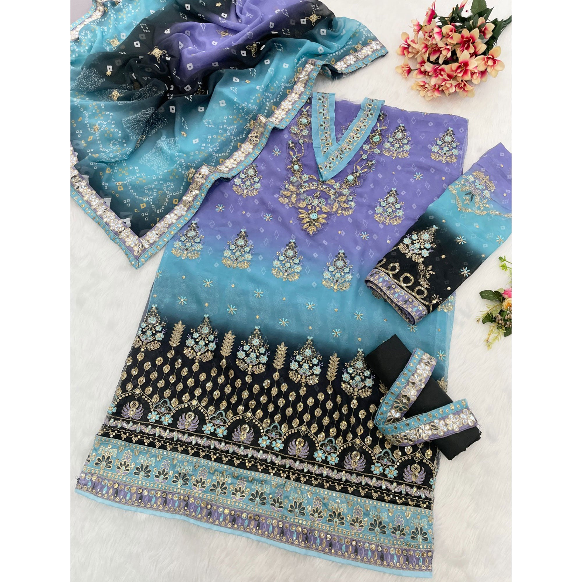 Lavender Digital Print With Sequins Embroidery Georgette Semi Stitched Pakistani Suit