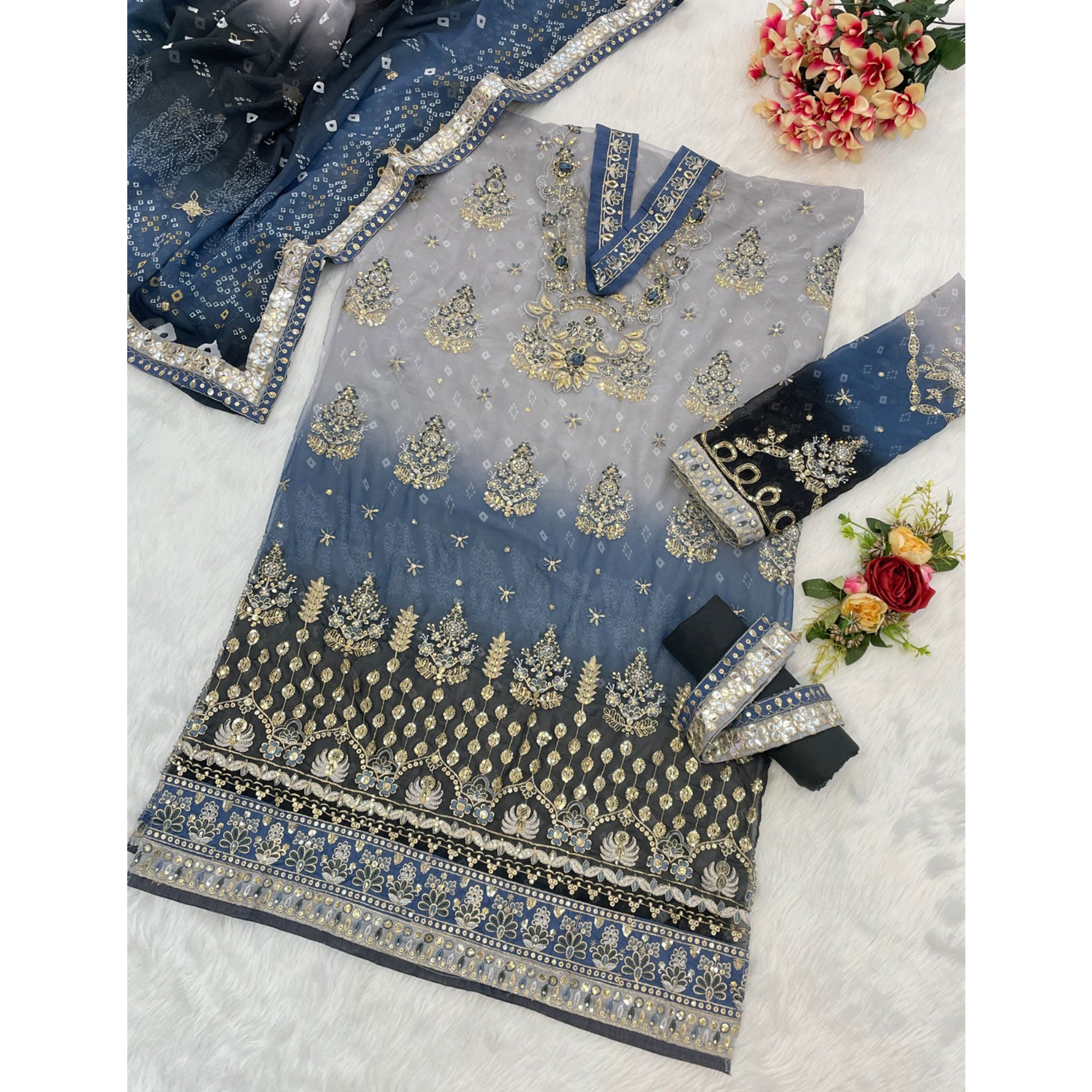 Grey Digital Print With Sequins Embroidery Georgette Semi Stitched Pakistani Suit