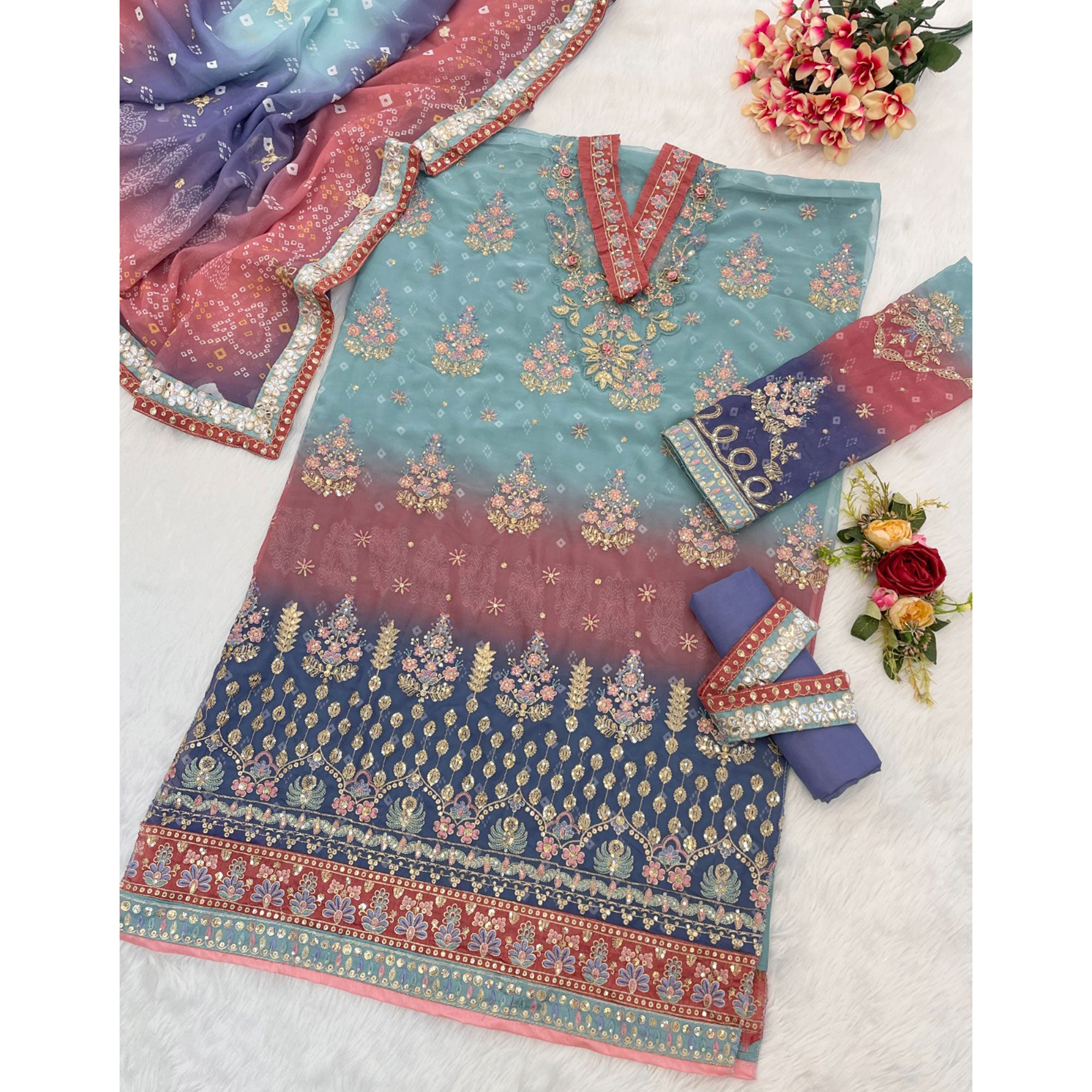 Sky Blue Digital Print With Sequins Embroidery Georgette Semi Stitched Pakistani Suit