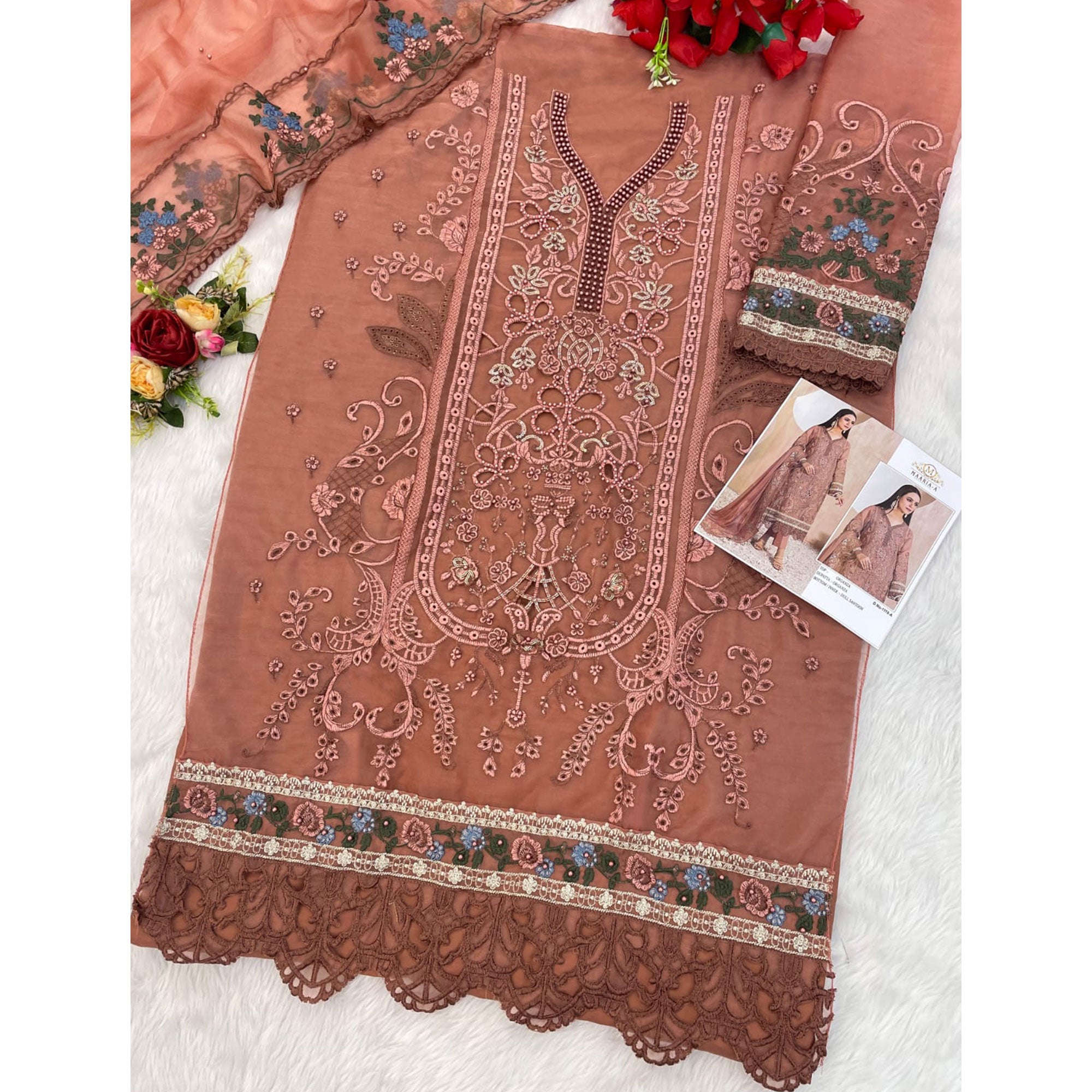 Peach Floral Sequins Embroidery With Motiwork Organza Semi Stitched Pakistani Suit