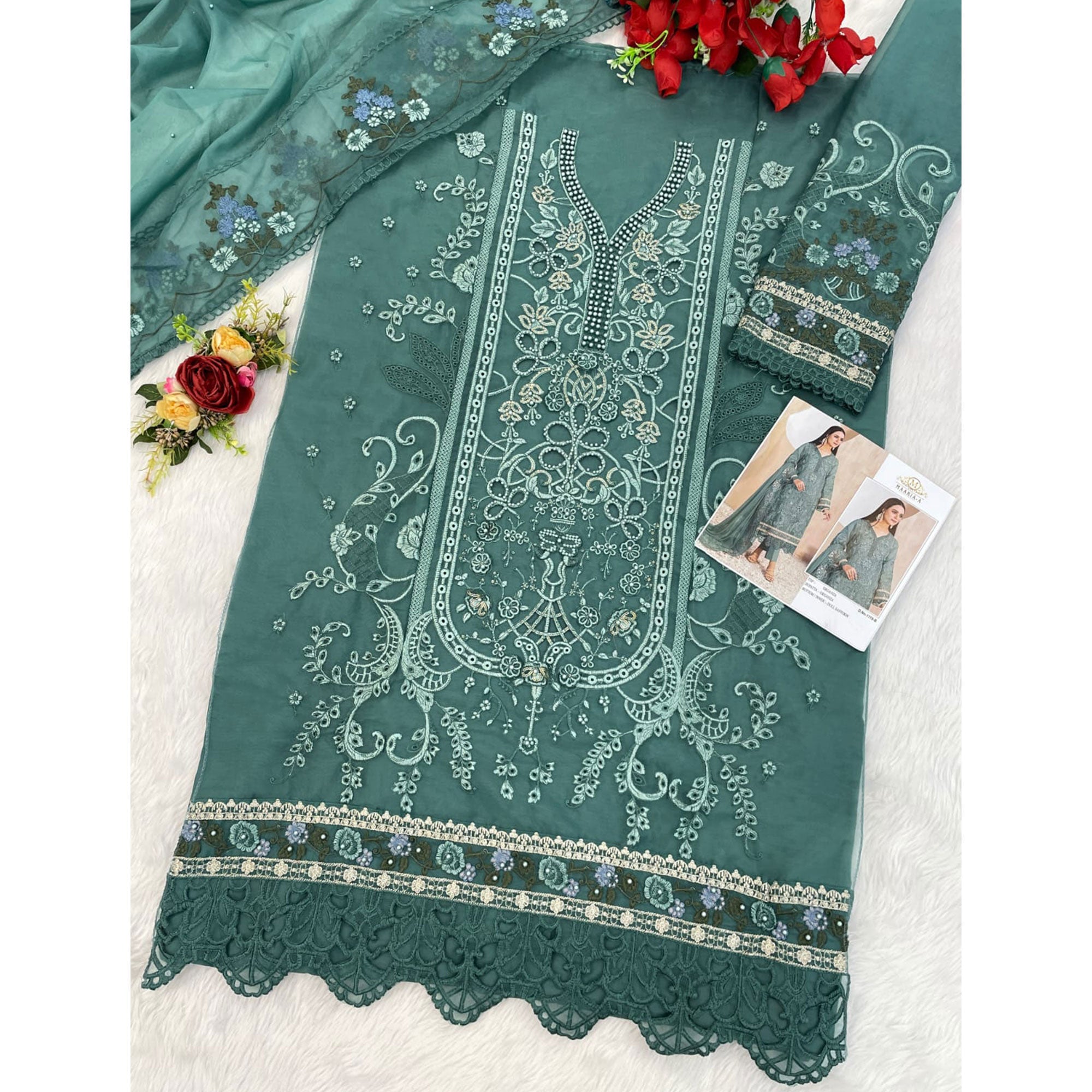 Green Floral Sequins Embroidery With Motiwork Organza Semi Stitched Pakistani Suit