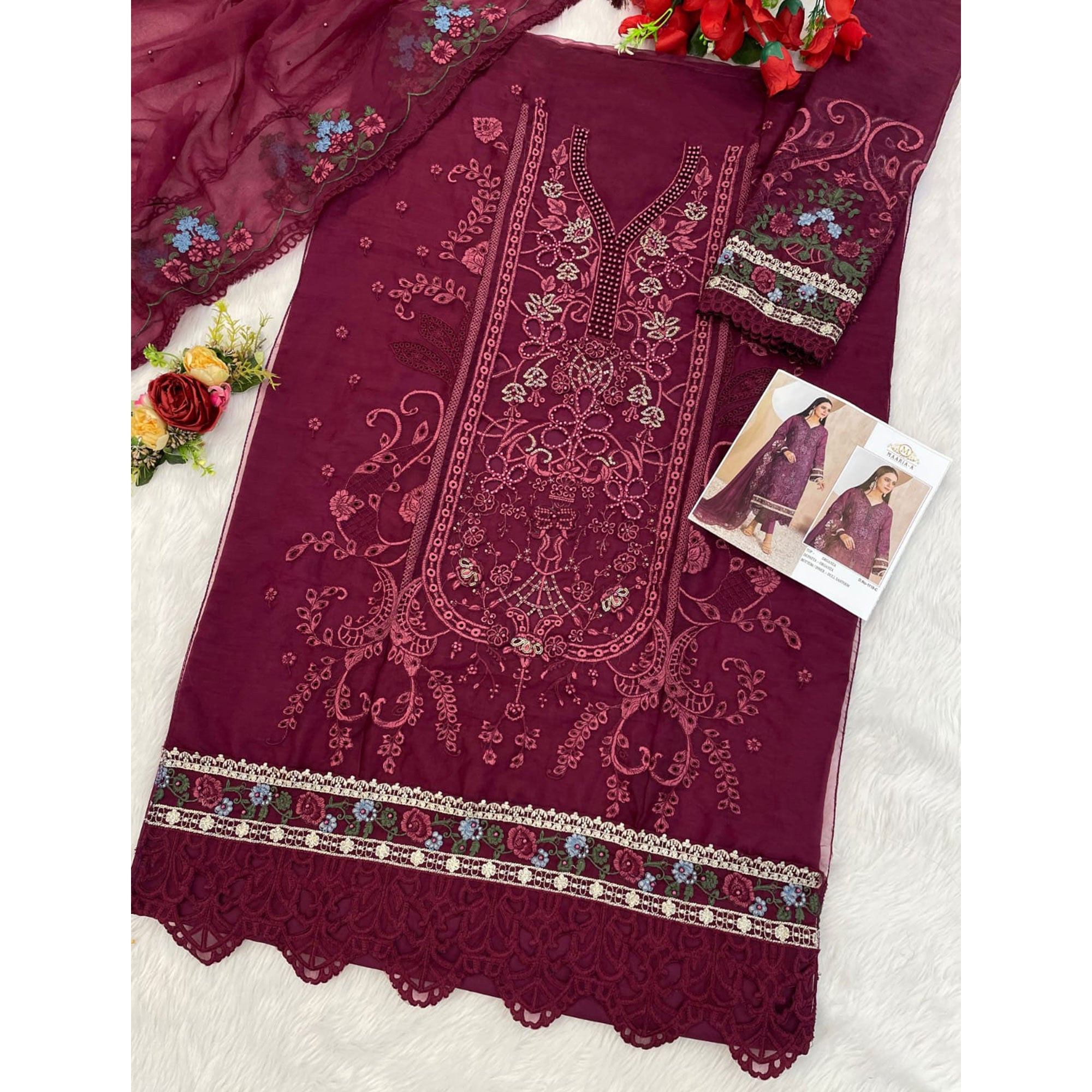 Wine Floral Sequins Embroidery With Motiwork Organza Semi Stitched Pakistani Suit