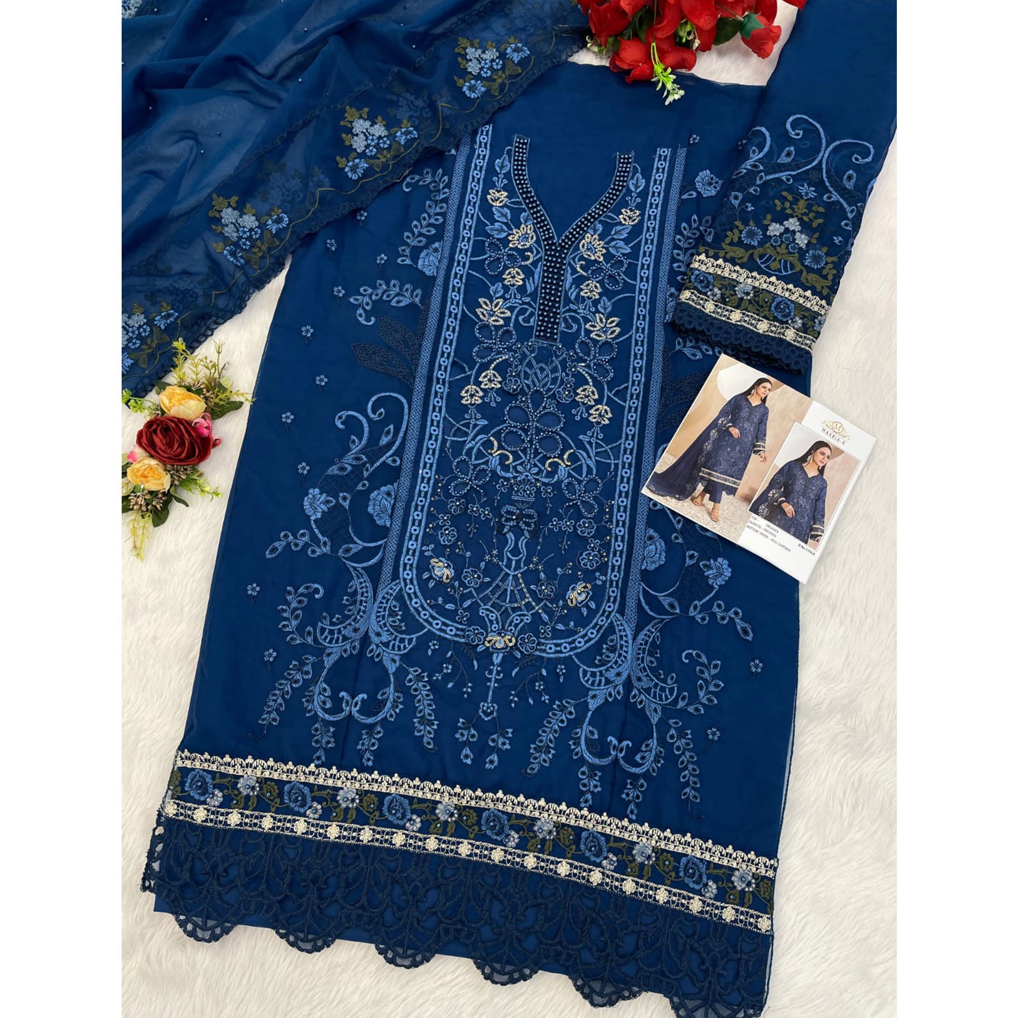 Blue Floral Sequins Embroidery With Motiwork Organza Semi Stitched Pakistani Suit