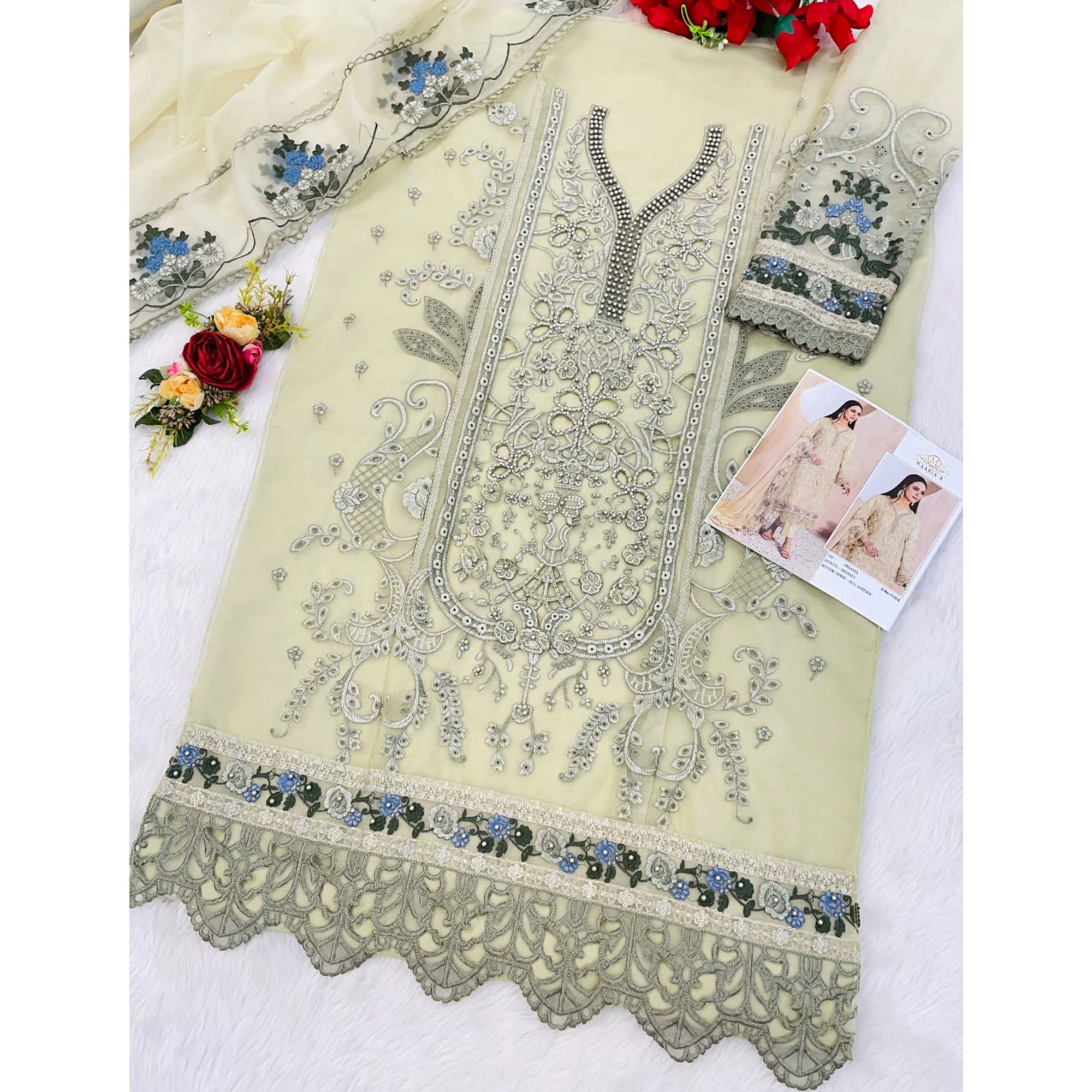 Cream Floral Sequins Embroidery With Motiwork Organza Semi Stitched Pakistani Suit