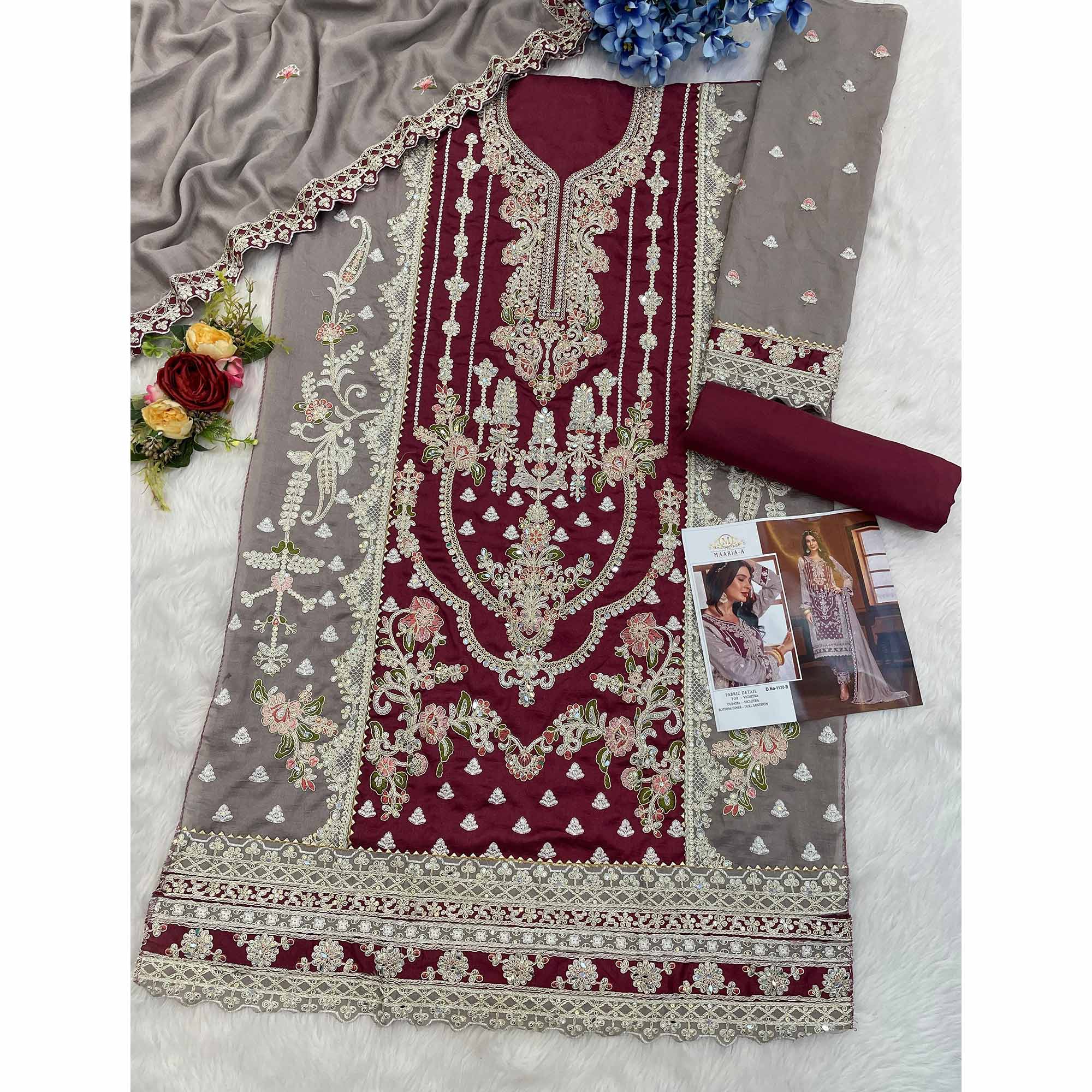 Wine & Grey Floral Sequins Embroidery Vichitra Silk Semi Stitched Pakistani Suit