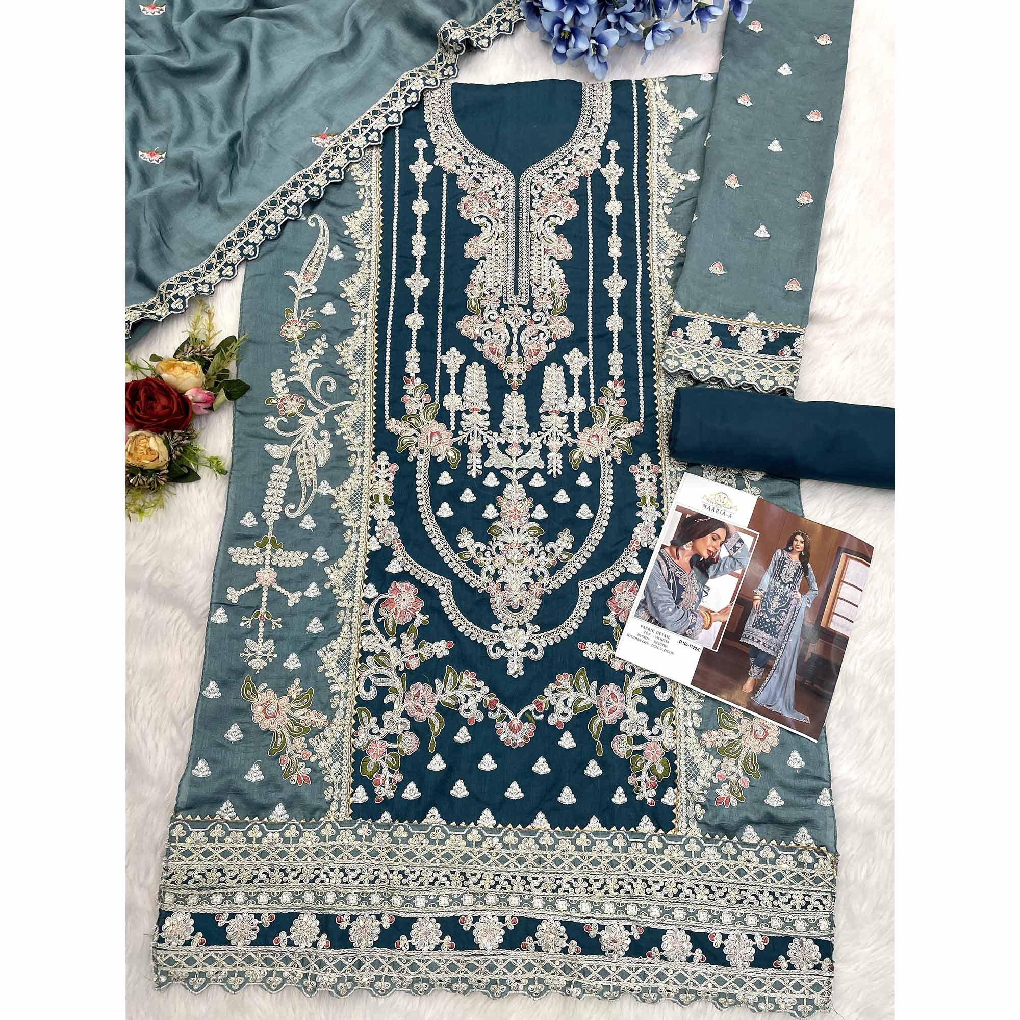 Morpich Blue Floral Sequins Embroidery Vichitra Silk Semi Stitched Pakistani Suit