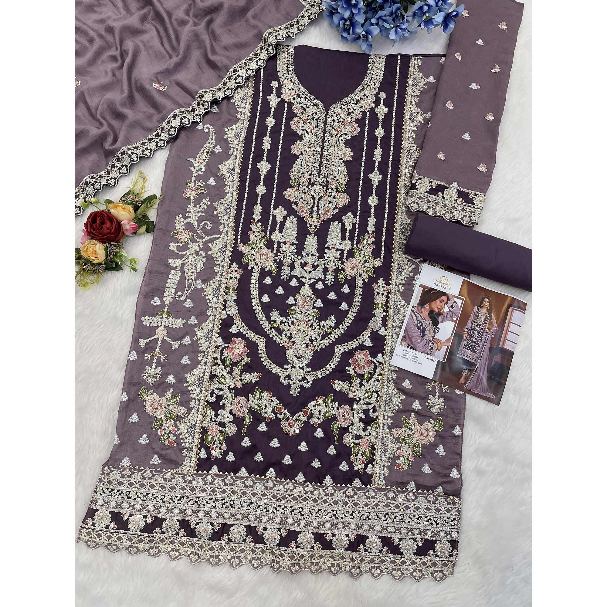 Purple Floral Sequins Embroidery Vichitra Silk Semi Stitched Pakistani Suit