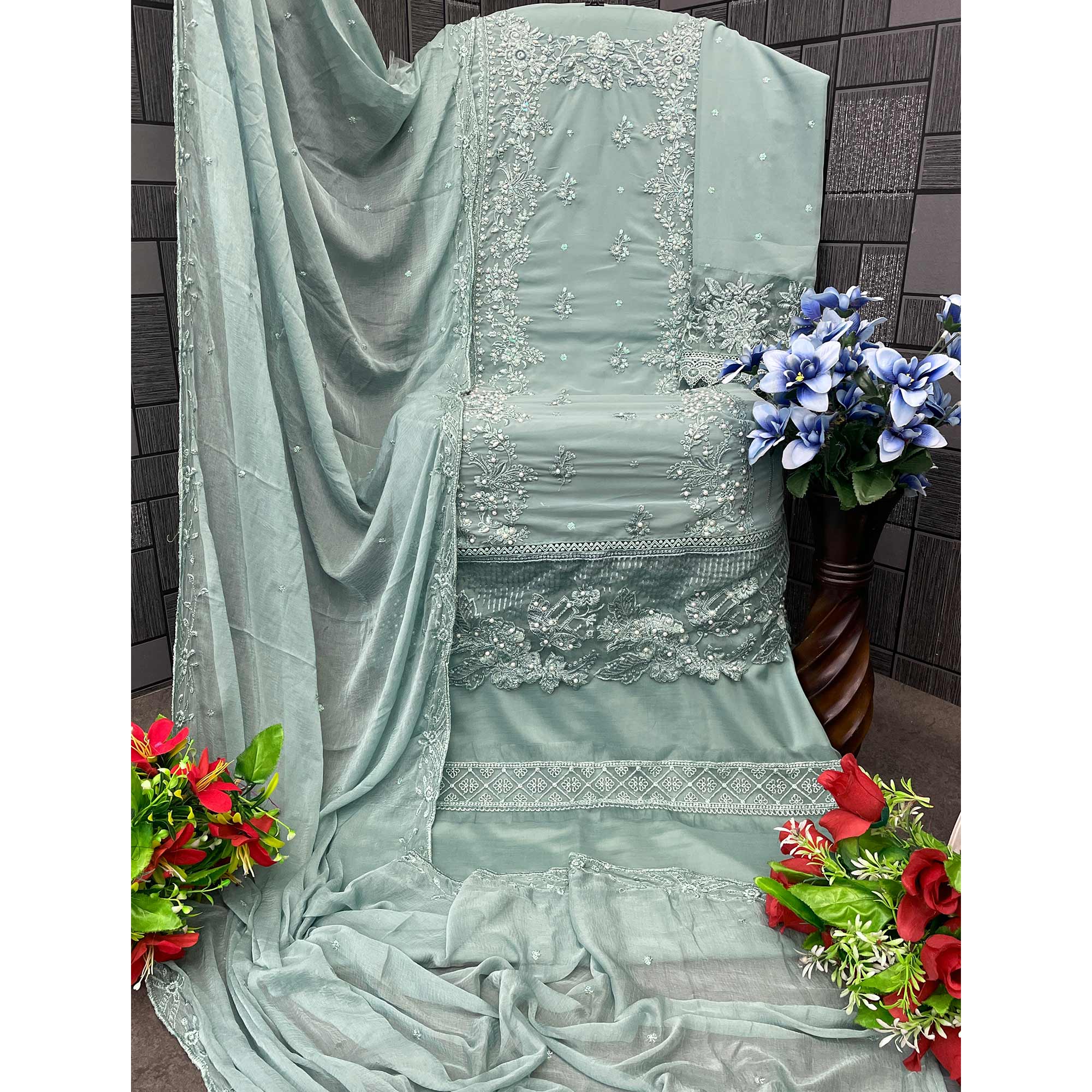 Sea Green Floral Embroidery Georgette Semi Stitched Pakistani Suit
